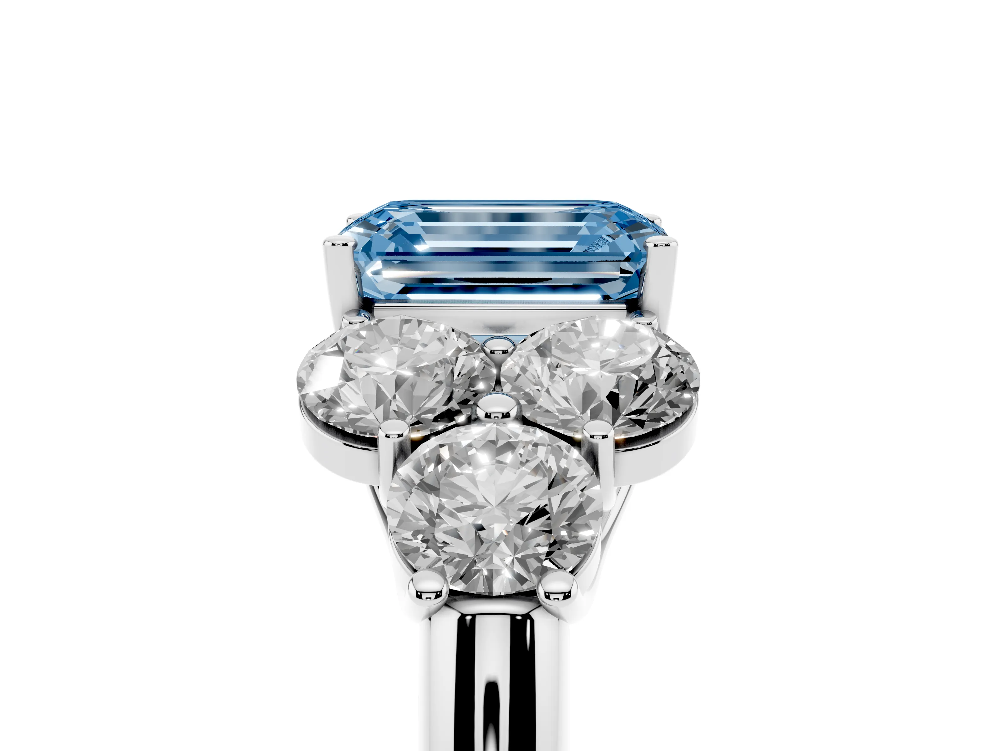 Fancy Blue Emerald Cut Diamond Cluster Ring Set in Silver with Round Accent Stones and Prong Setting on a Plain Band
