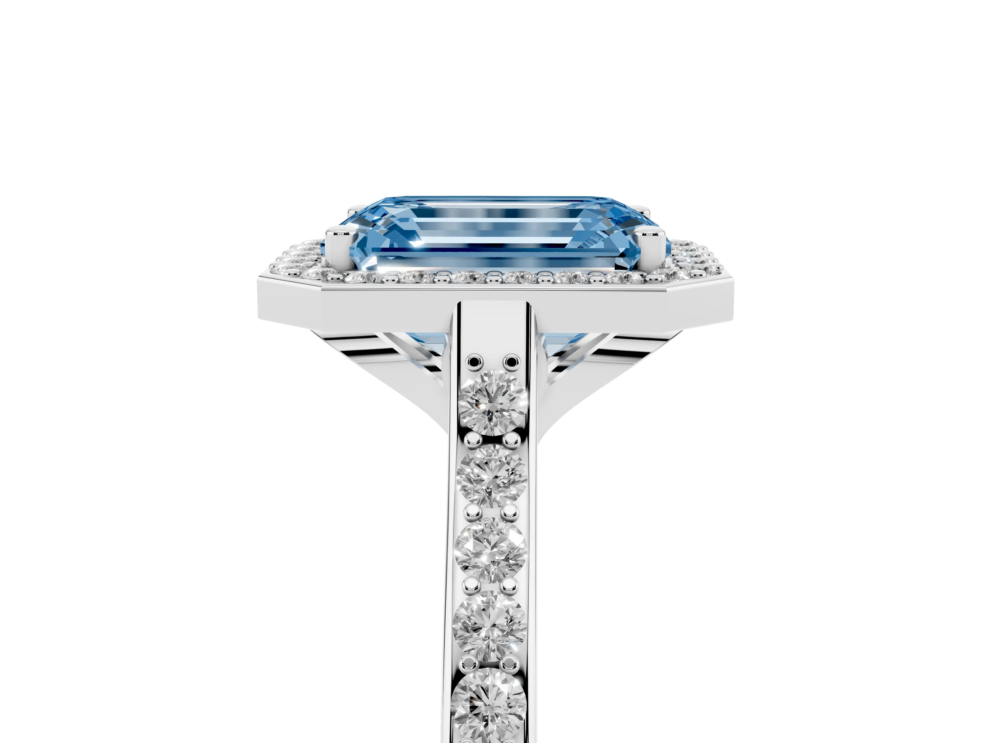 Fancy Blue Emerald Cut Diamond Halo Engagement Ring Set in Platinum with Round Pavé Shoulders and Heart Gallery