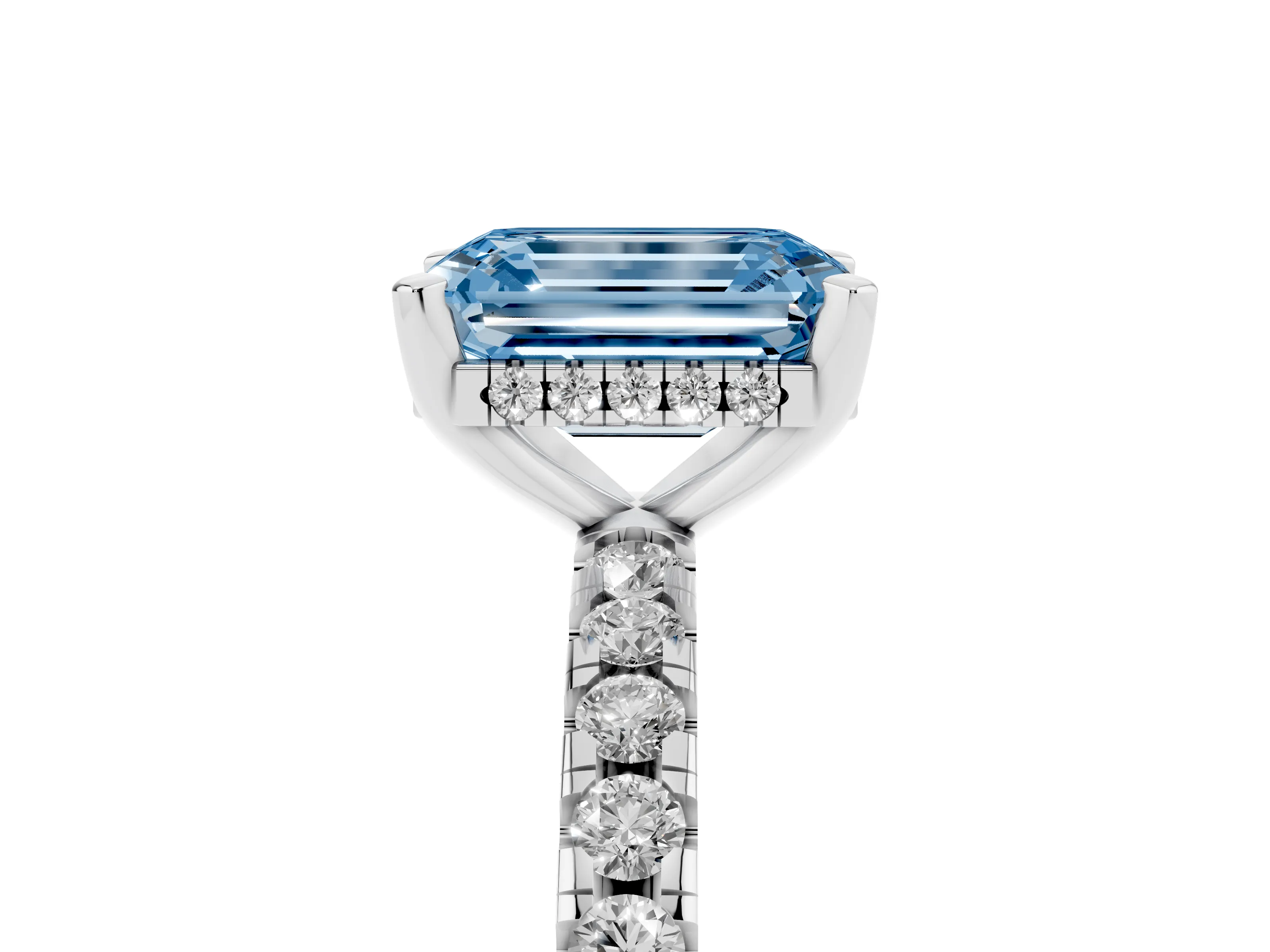 Fancy Blue Emerald Cut Diamond Pavé Solitaire Ring Set in White gold with Round Band Accents and Prong Setting