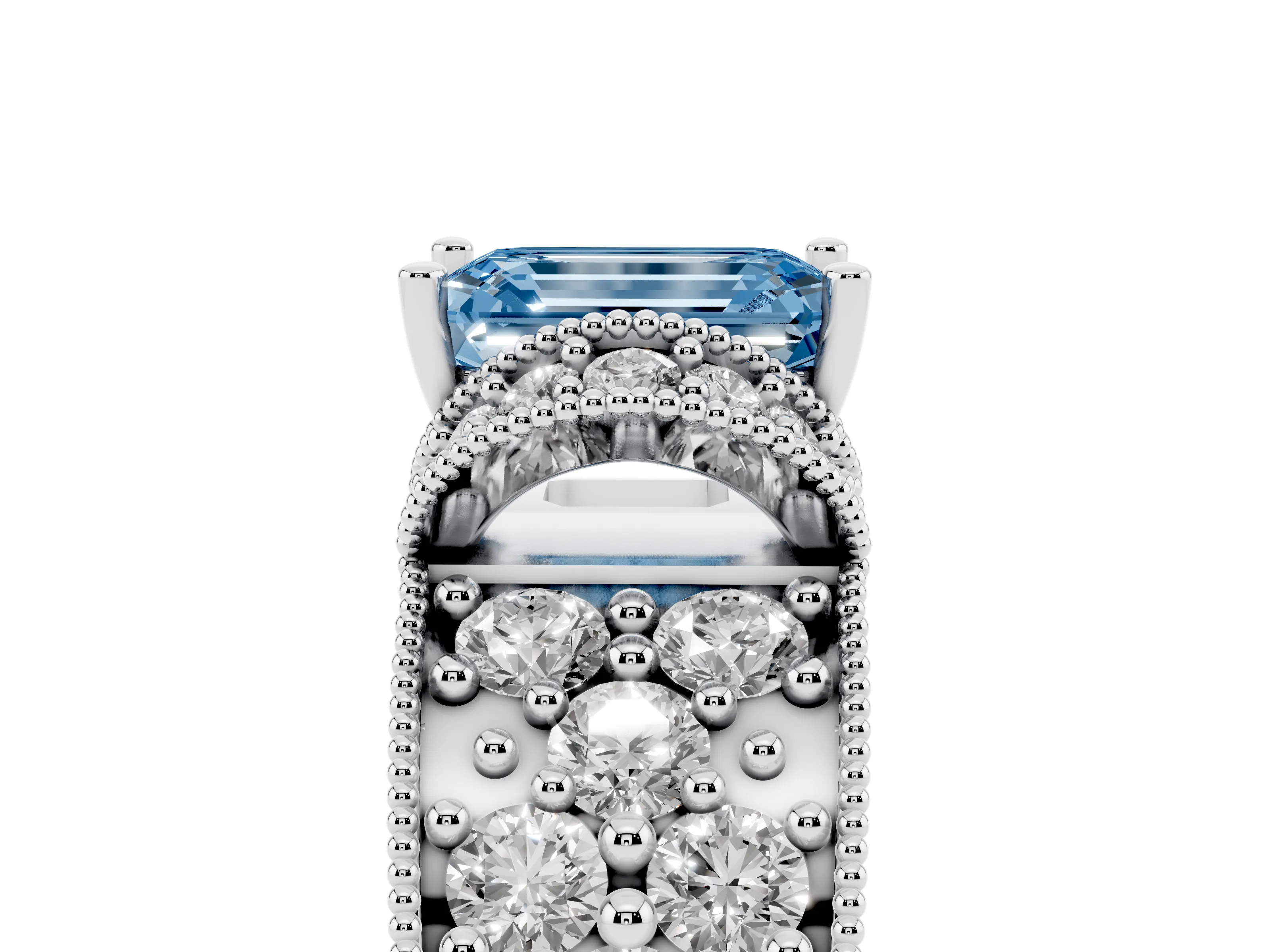 Fancy Blue Emerald Cut Diamond Milgrain Halo Pavé Engagement Ring Set in Silver with Prong Setting