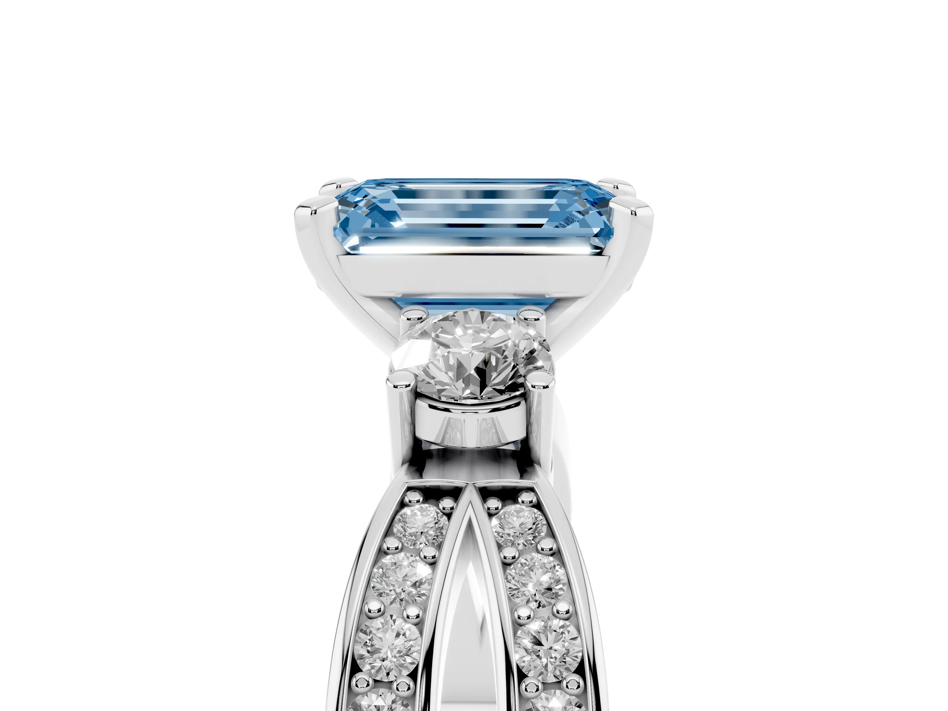 Fancy Blue Three-Stone Emerald Cut Diamond Twist Band Ring Set in White gold with Pavé Accents and Prong Setting