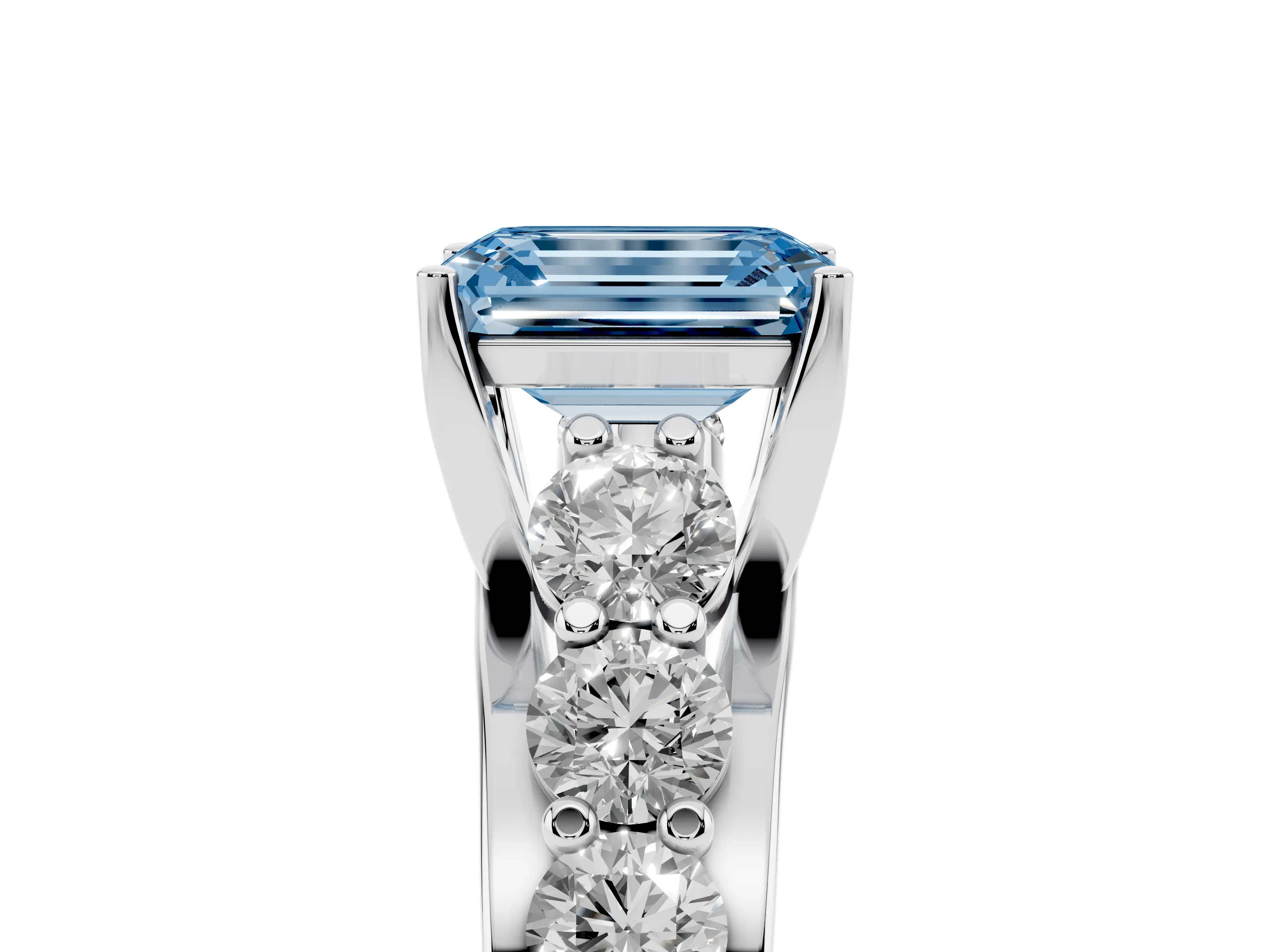Fancy Blue Emerald Cut Diamond Pavé Engagement Ring Set in Platinum with Prong Setting