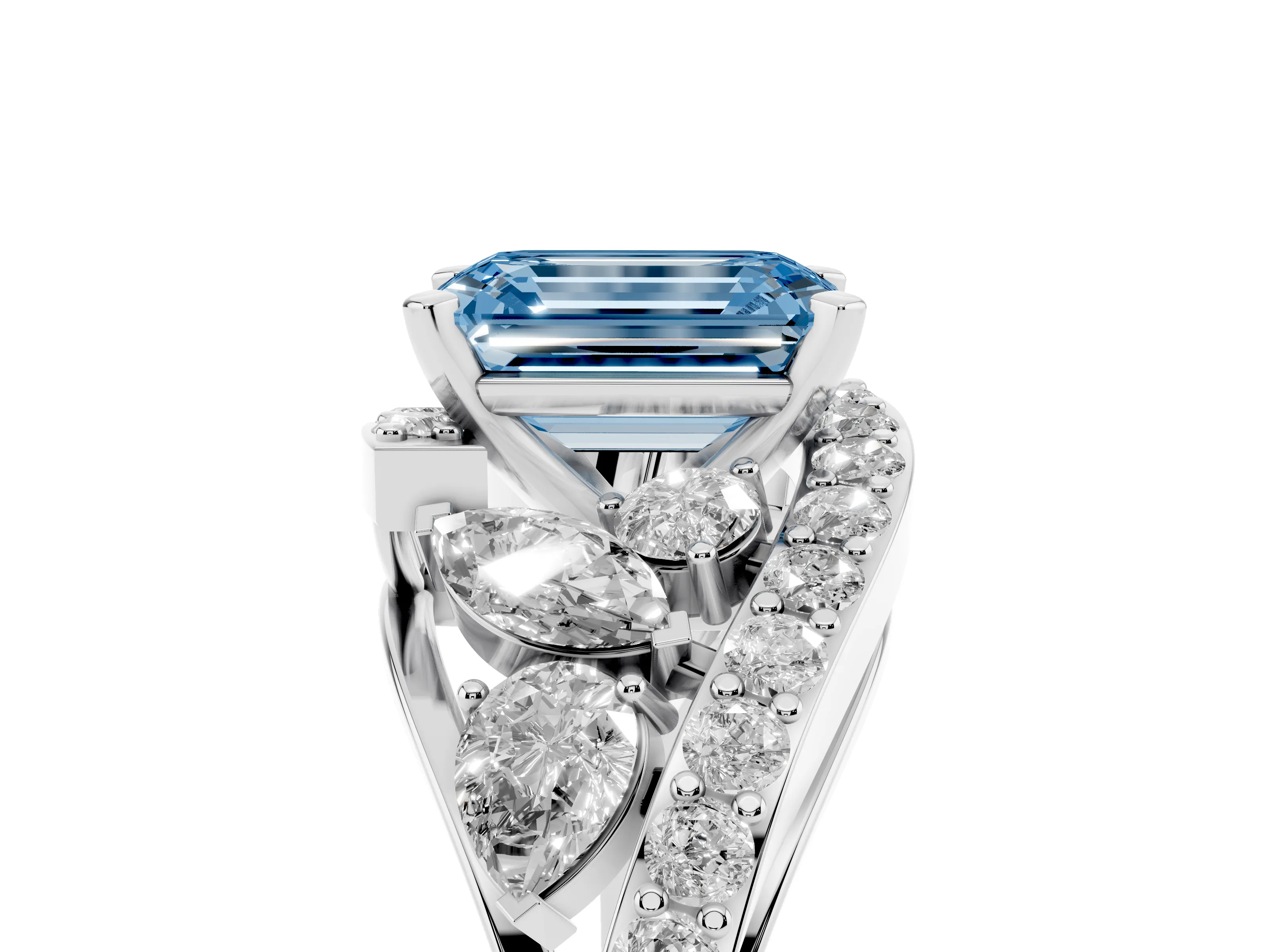 Fancy Blue Emerald Cut Diamond Halo Ring Set in Silver with Marquise and Pavé Band in Prong Setting