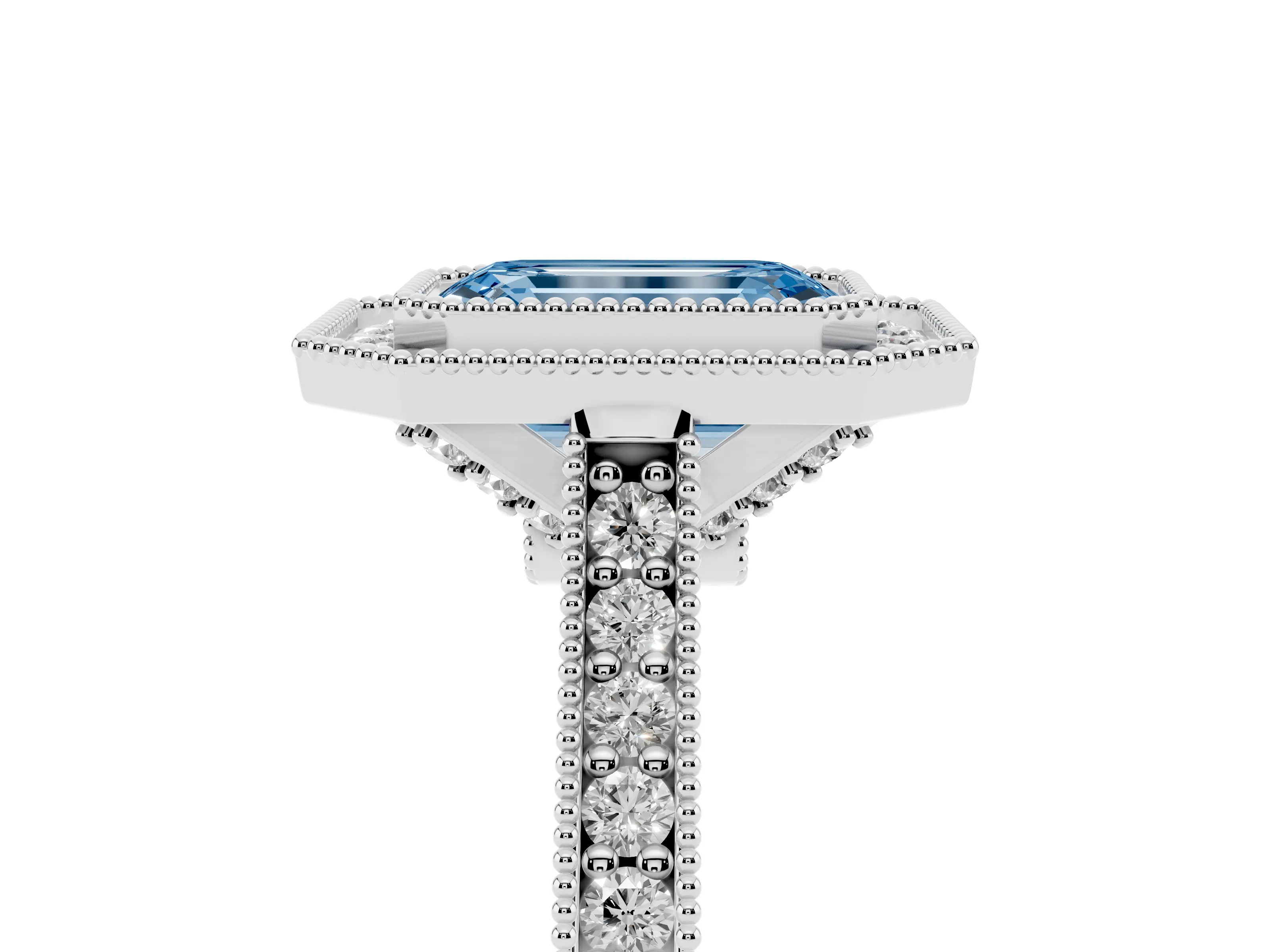 Fancy Blue Emerald Cut Diamond Halo Milgrain Pavé Band Ring Set in Silver with Prong Setting