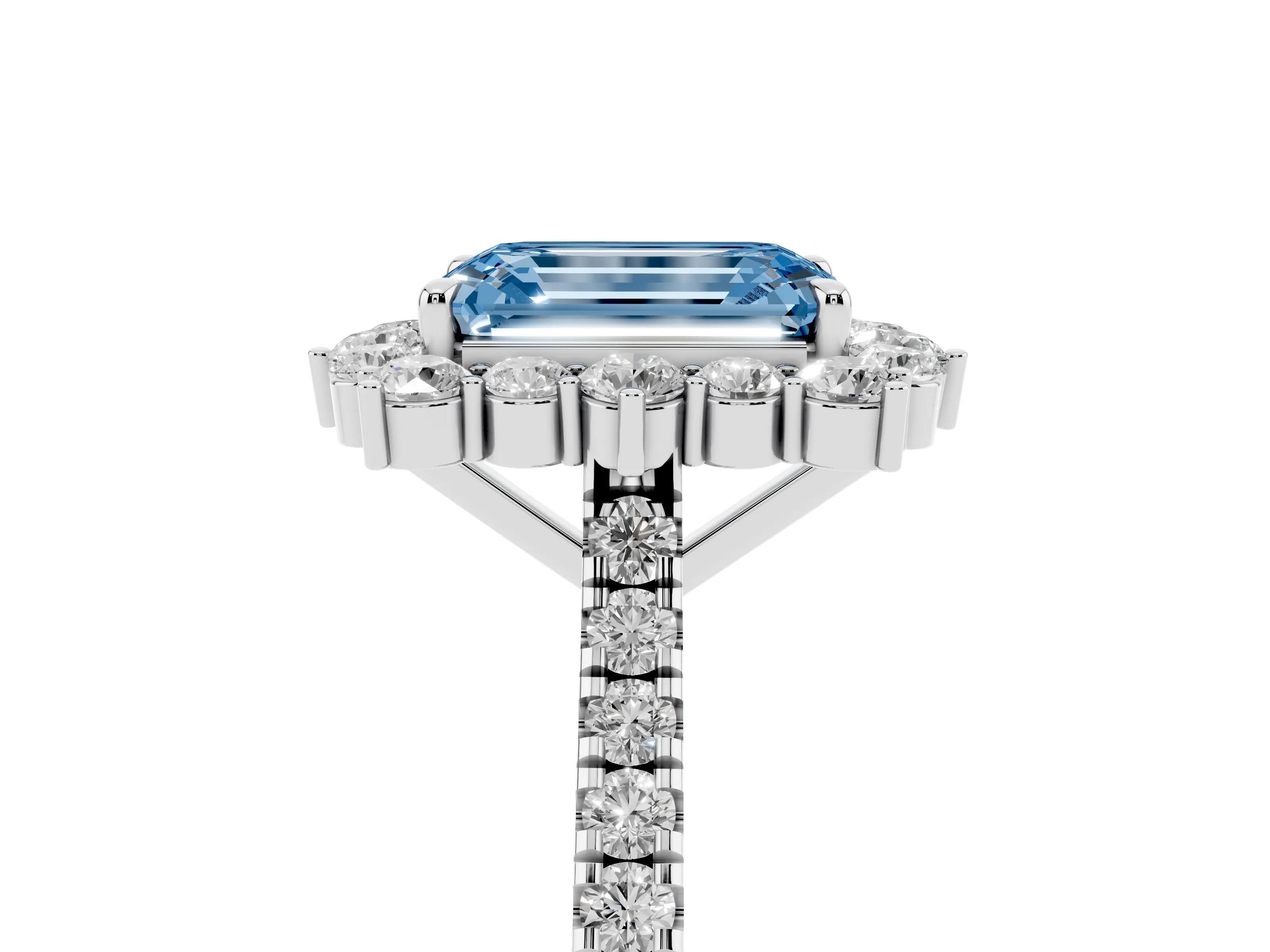 Fancy Blue Emerald Cut Diamond Halo Ring Set in Silver with Pavé Band and Prong Setting