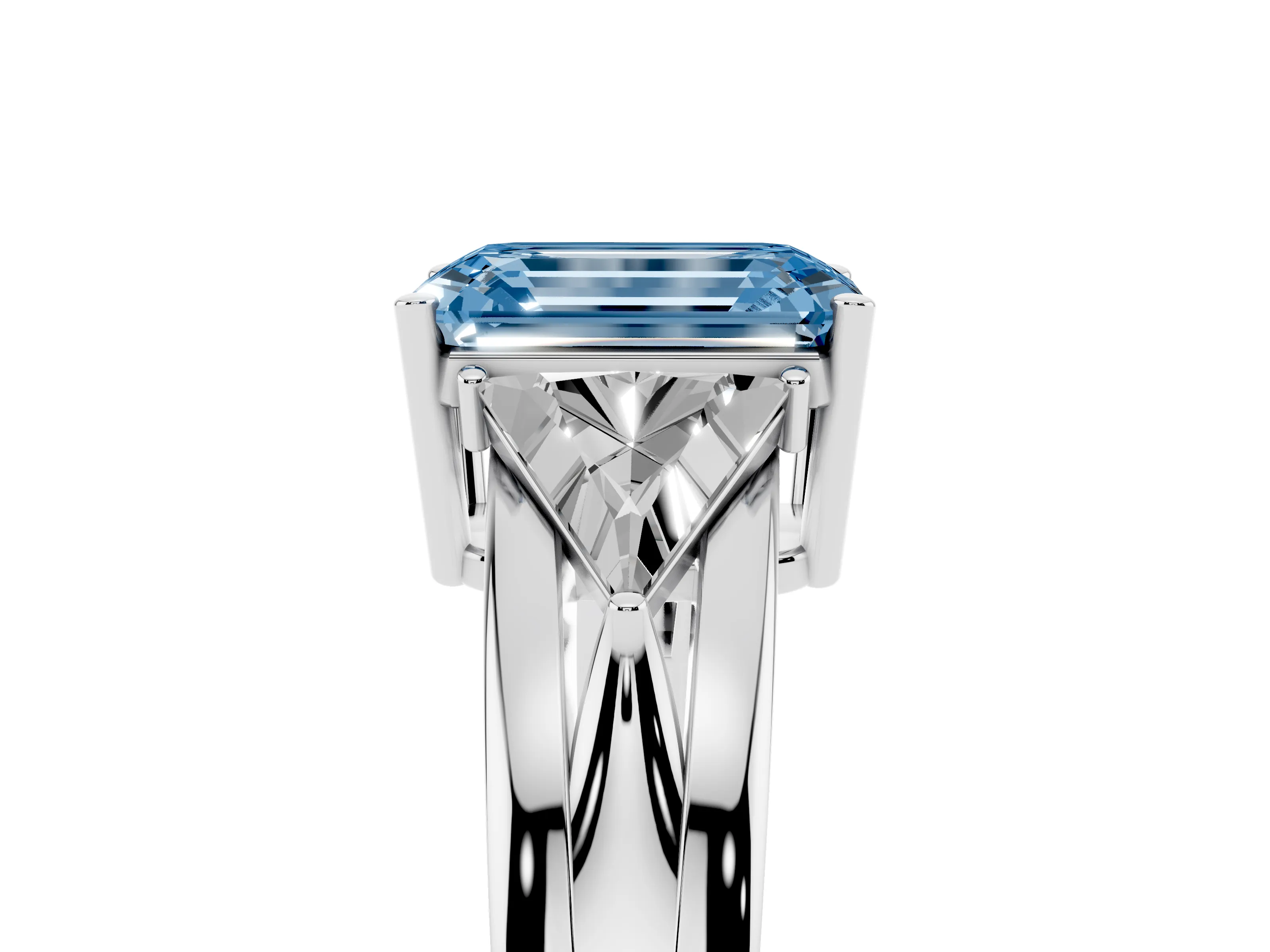 Fancy Blue Emerald Cut Diamond Three-Stone Ring Set in Silver with Trillion Side Stones and Split Shank