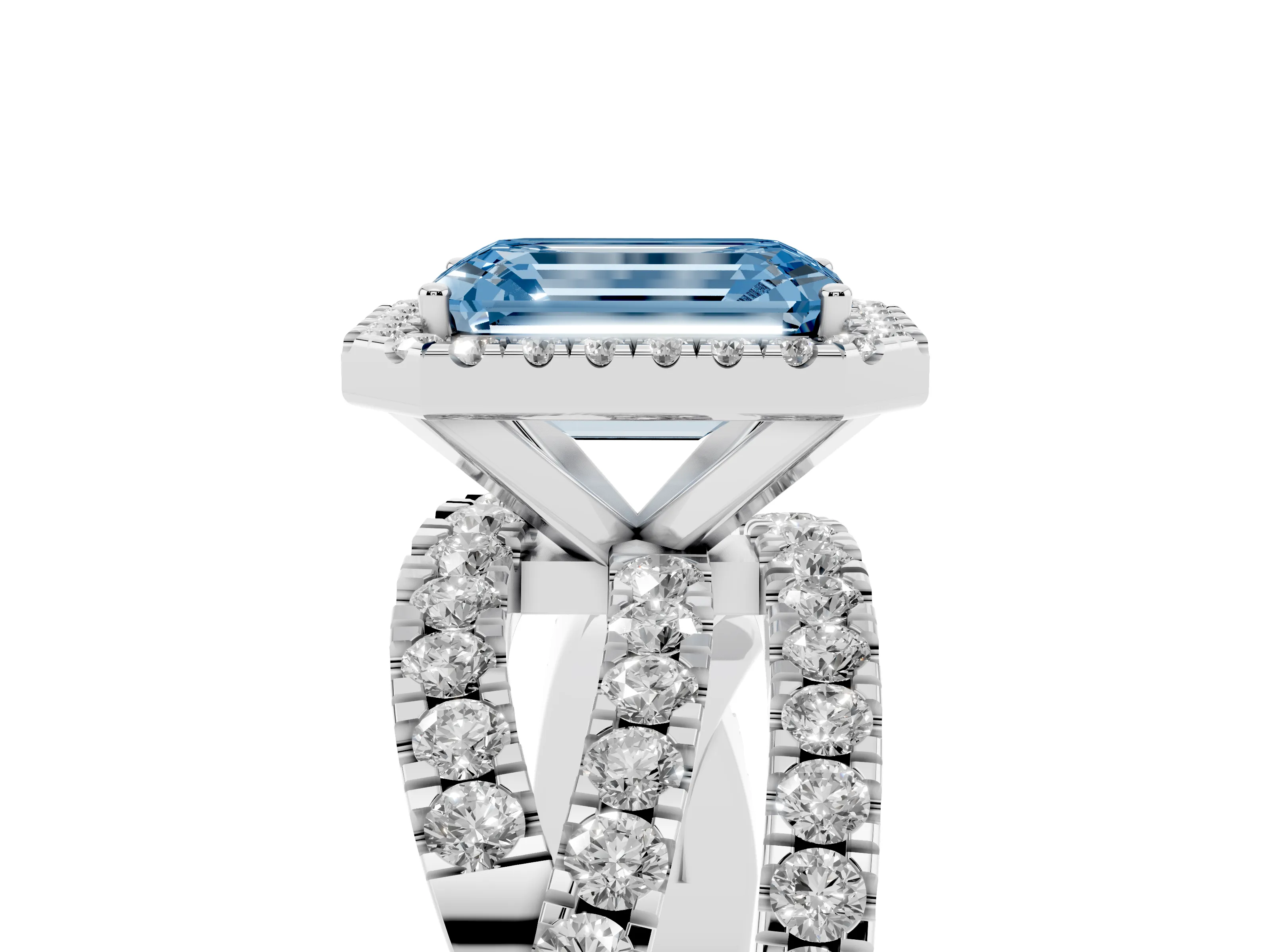 Fancy Blue Emerald Cut Diamond Halo Ring Set in Platinum with Round Crossover Split Shank and Prong Setting