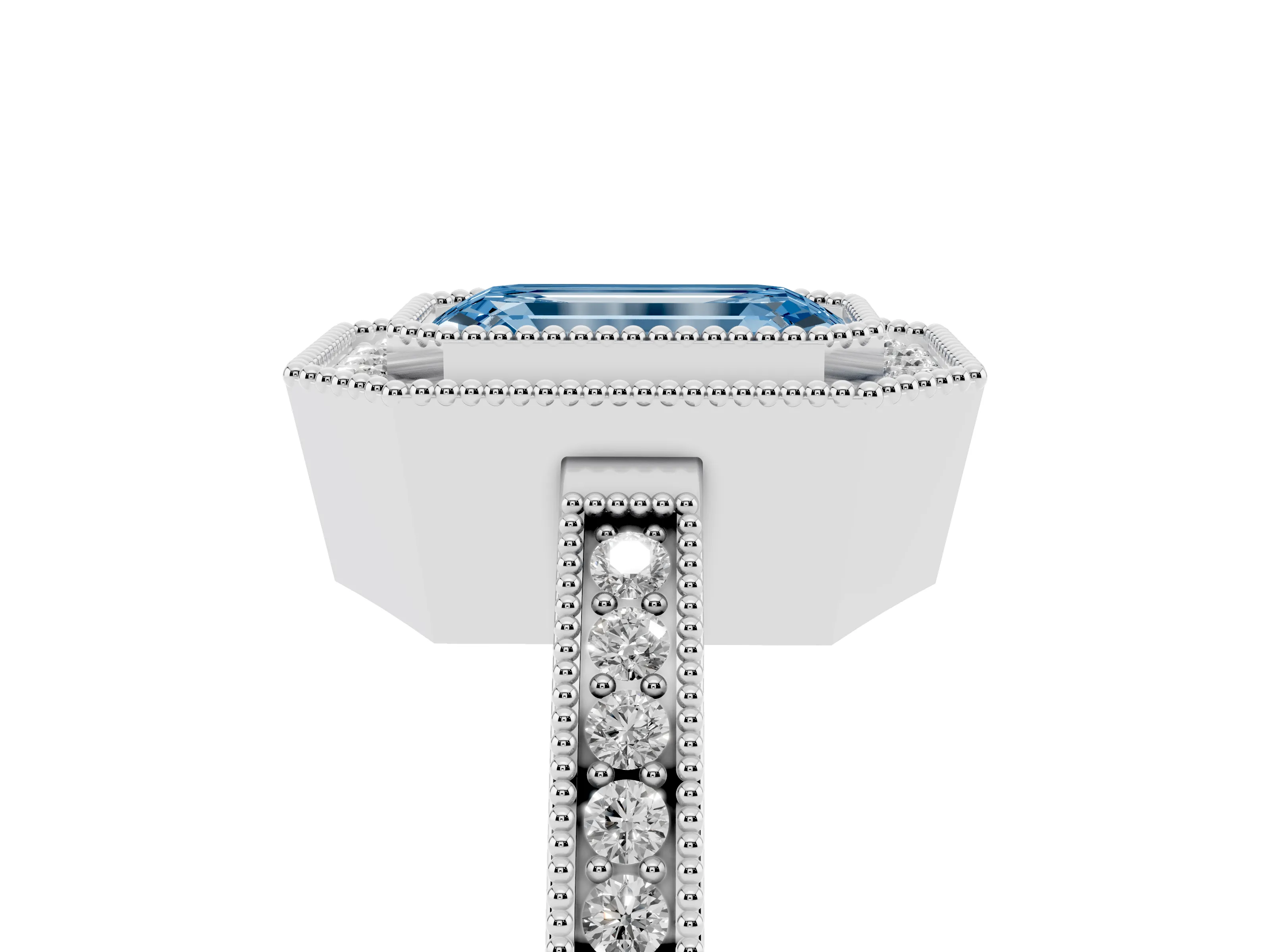 Fancy Blue Emerald Cut Diamond Halo Ring Set in White gold with Pavé Band and Milgrain-Edged Prongs