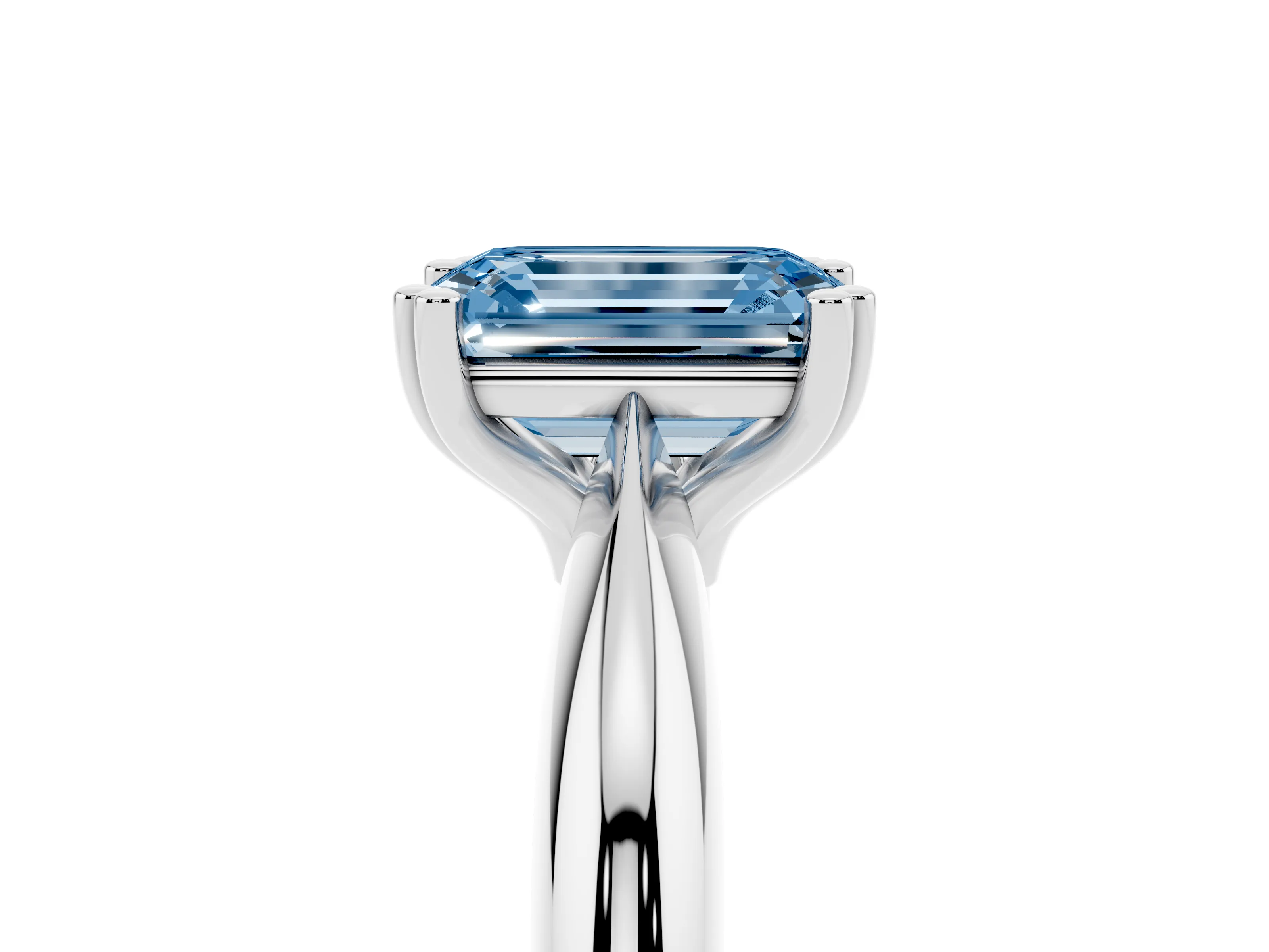 Fancy Blue Emerald Cut Diamond Solitaire Engagement Ring Set in White gold with Tapered Band and Prong Setting