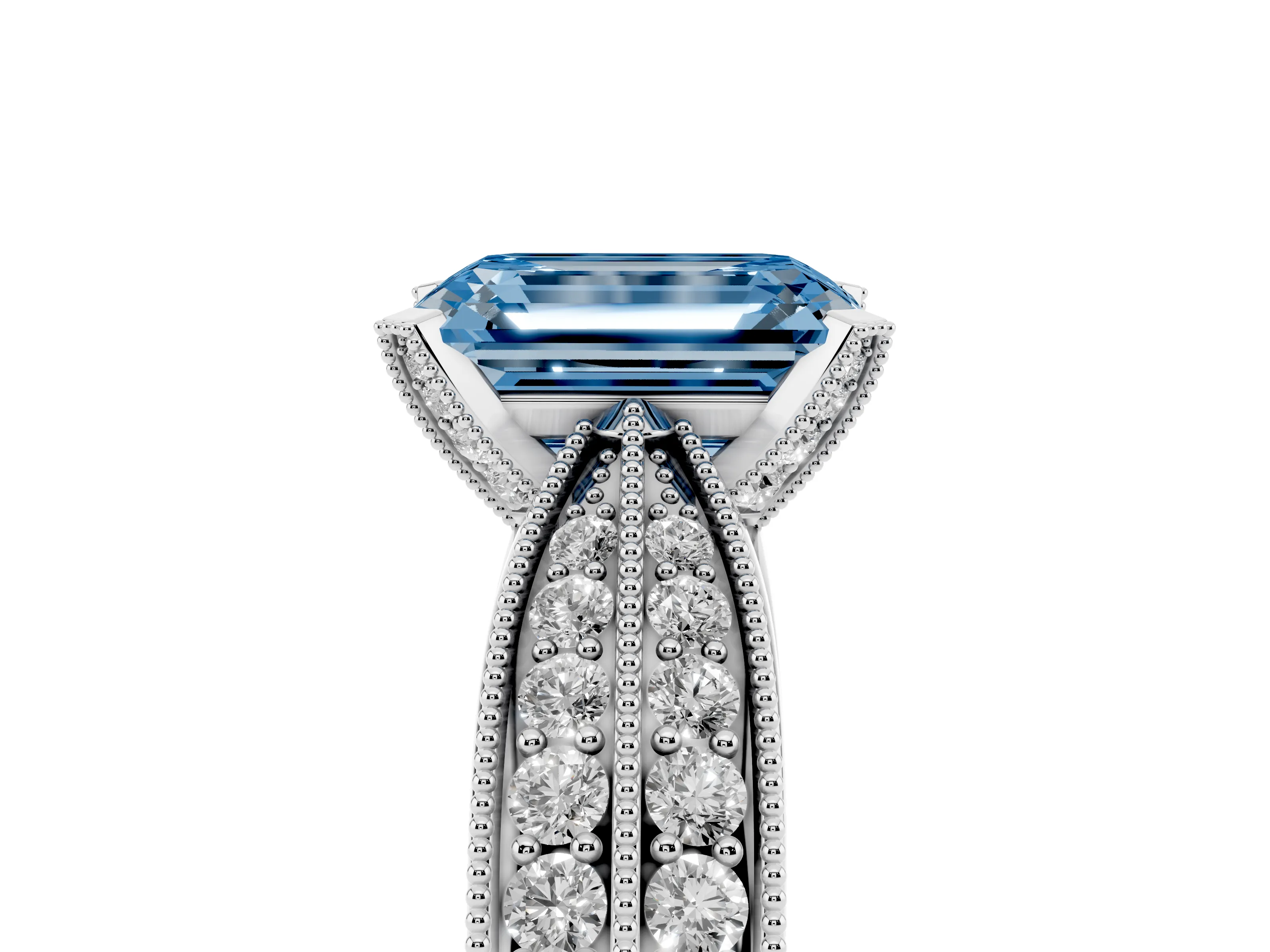 Fancy Blue Emerald Cut Diamond Solitaire Ring Set in Silver with Milgrain Double Row Round Pavé Band