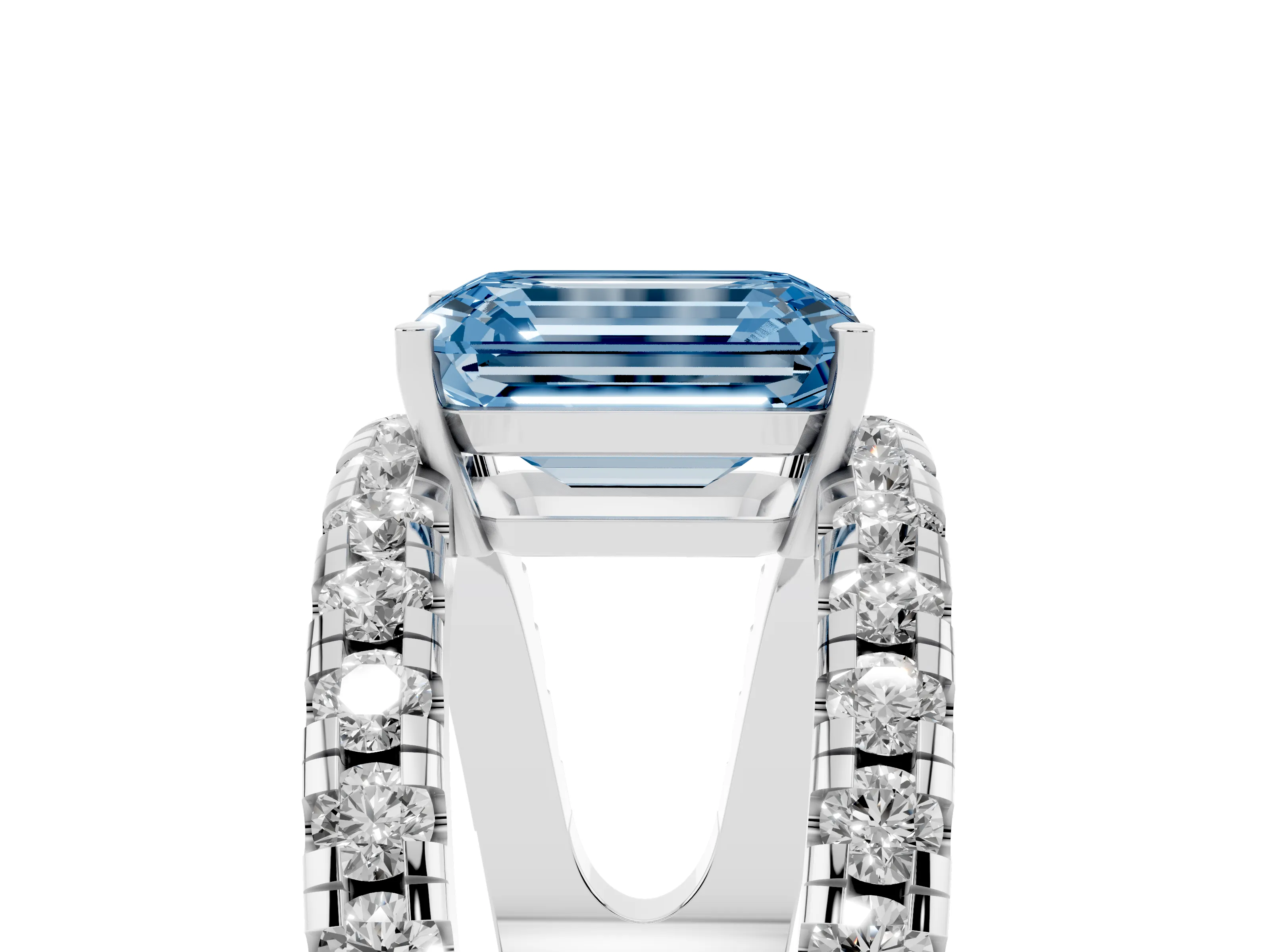 Fancy Blue Emerald Cut Diamond Split Shank Pavé Solitaire Ring Set in Silver with Open Shank Design