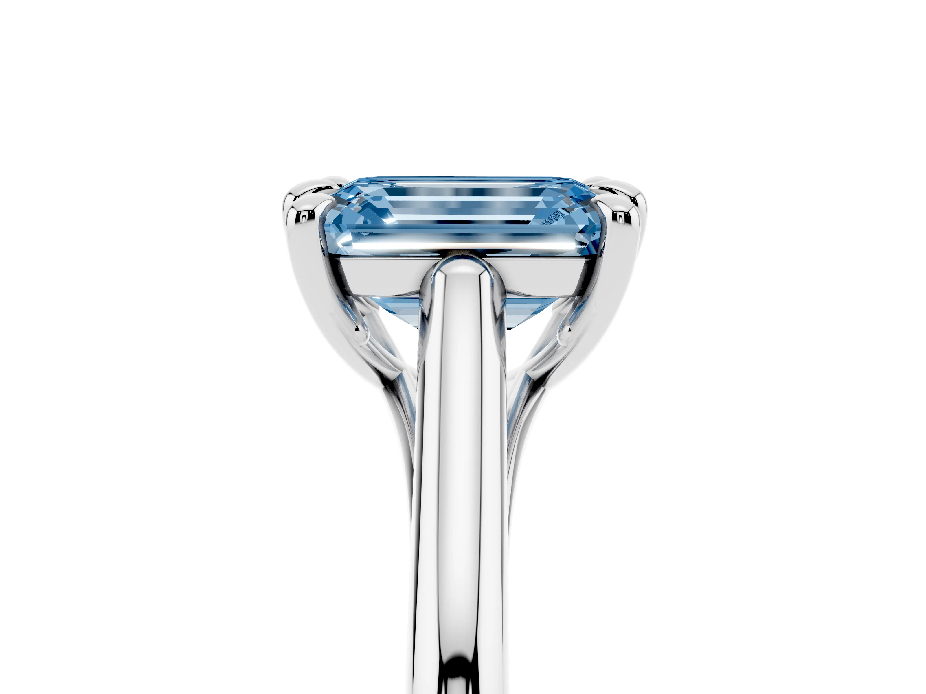 Fancy Blue Emerald Cut Diamond Solitaire Engagement Ring Set in White gold with Prong Setting and Plain Classic Band