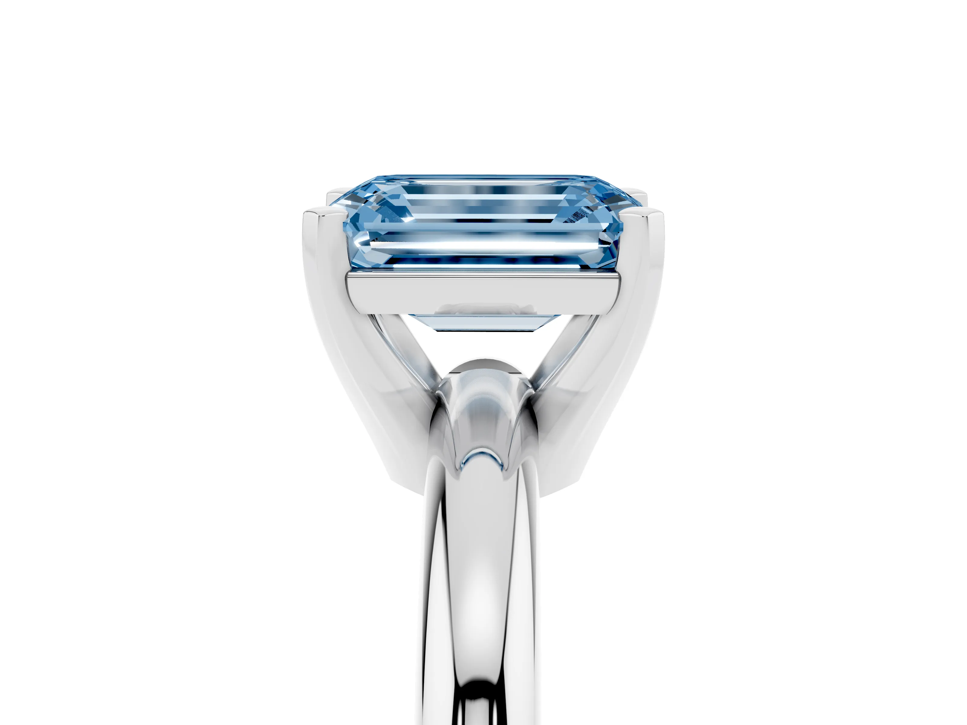 Fancy Blue Emerald Cut Diamond Solitaire Engagement Ring Set in Platinum with Round Band and Prong Setting