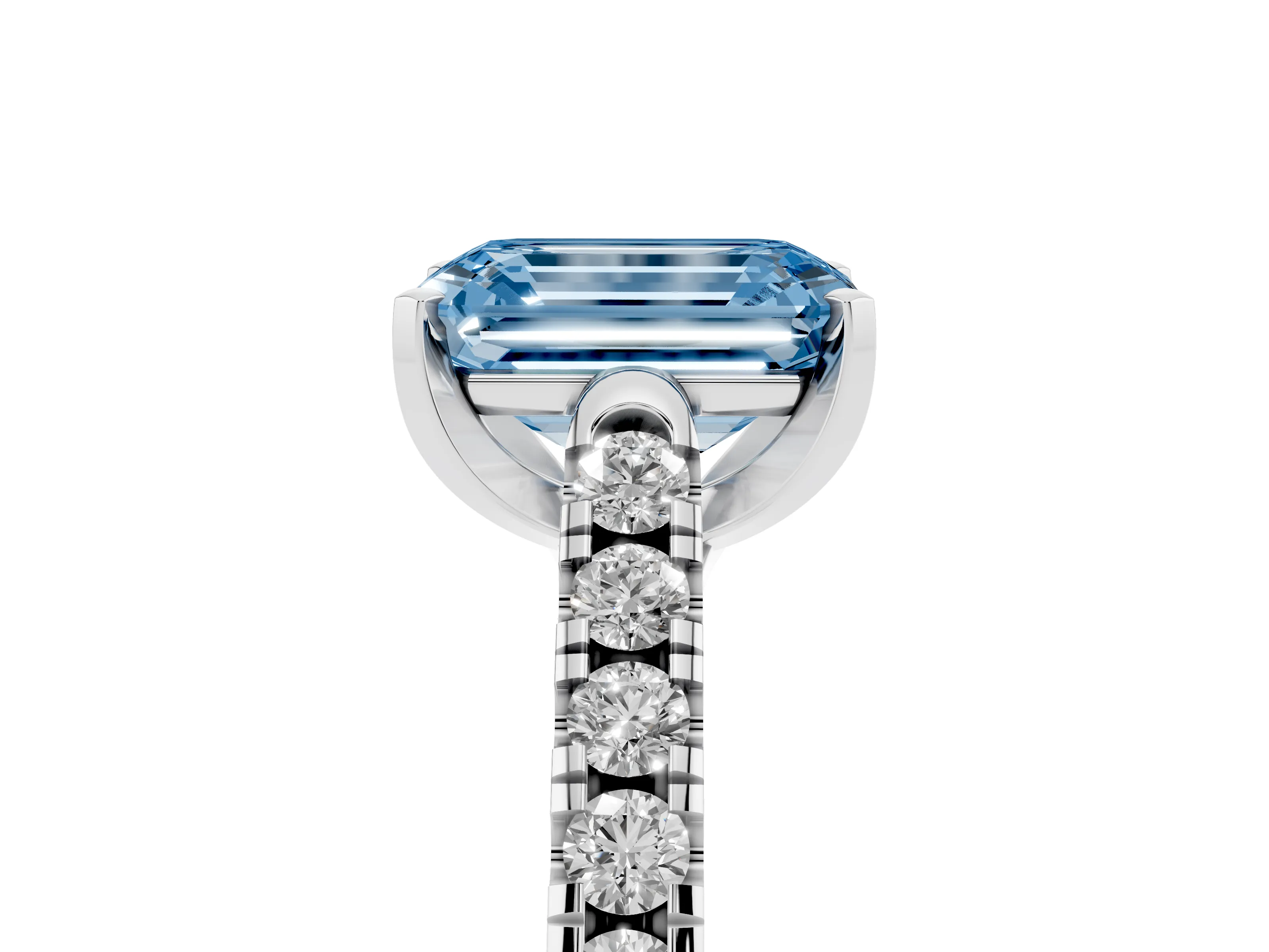 Fancy Blue Emerald Cut Diamond Pavé Band Solitaire Ring Set in White gold with Partway Accent Stones and Prong Setting