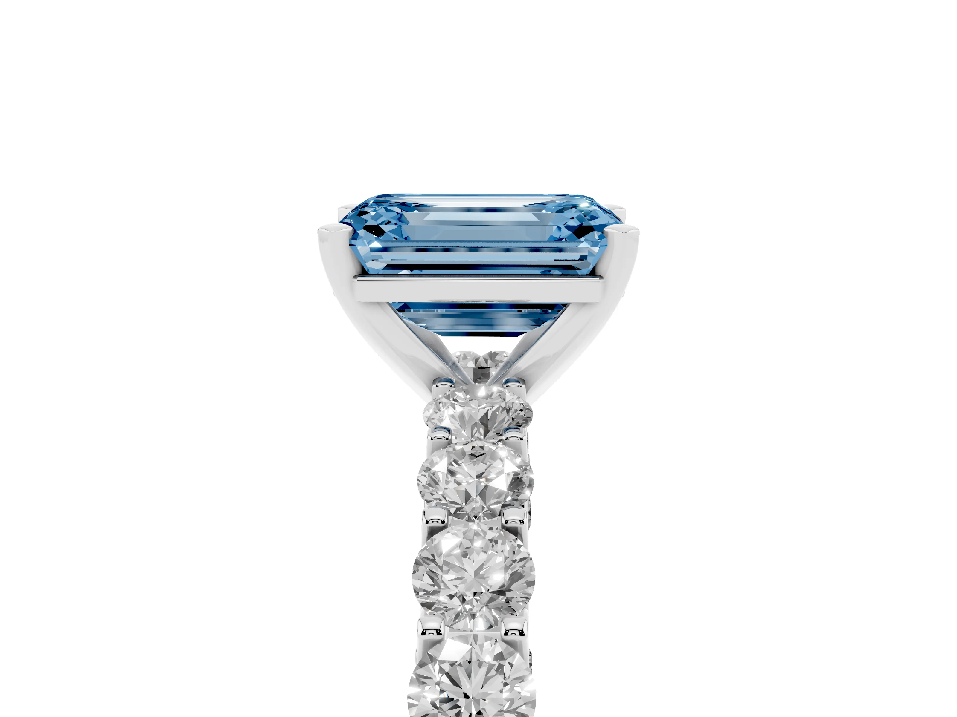 Fancy Blue Emerald Cut Diamond Solitaire Ring Set in Silver with Shared Prong Pavé Band