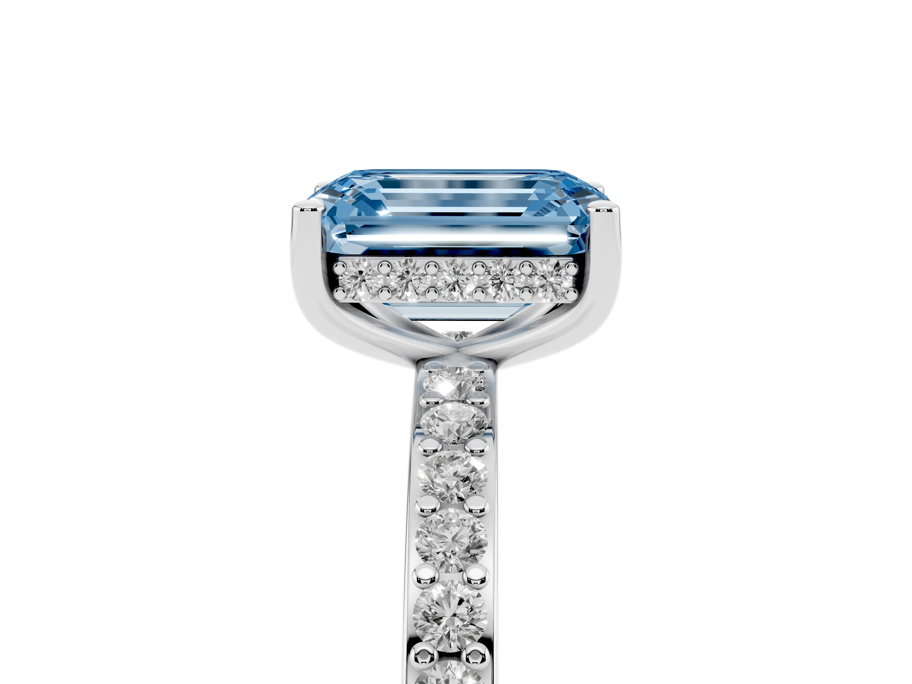 Fancy Blue Emerald Cut Diamond Pavé Band Ring Set in Silver with Prong-Set Center Stone