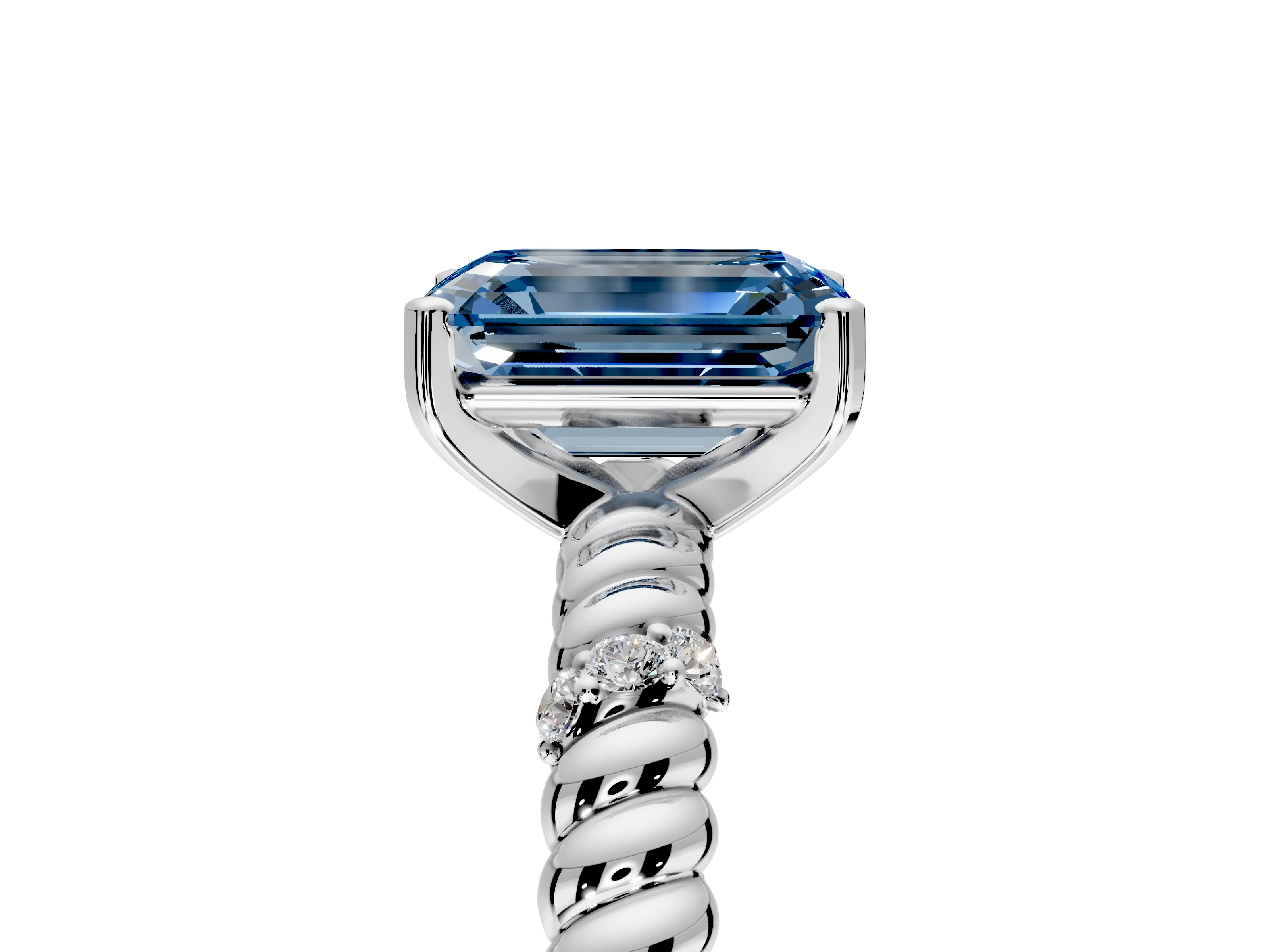 Rope Engagement Ring Setting for Fancy Blue Emerald Cut Center with Accent Shoulders and Prong Head in White Gold