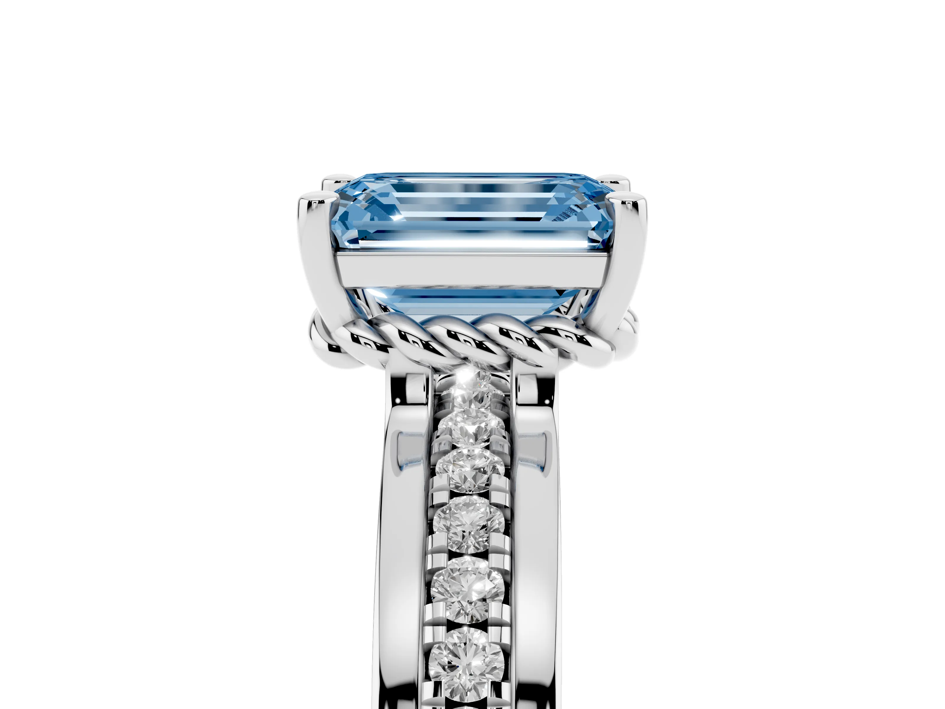 Fancy Blue Emerald Cut Diamond Solitaire Ring Set in White gold with Channel Set Band and Prong Setting