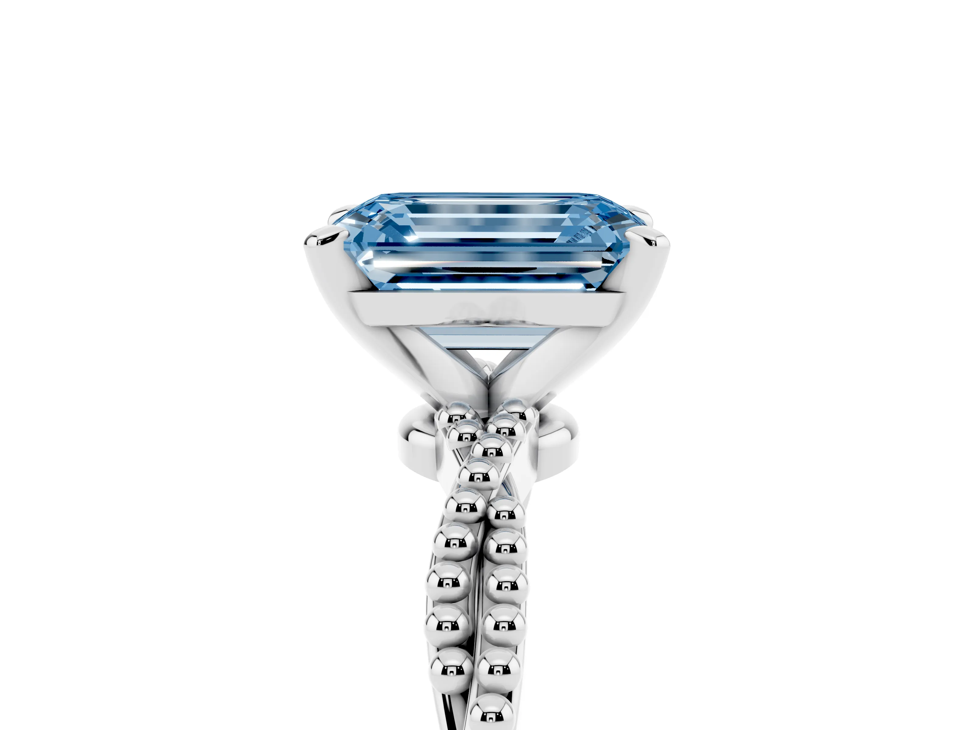 Fancy Blue Emerald Cut Diamond Solitaire Ring Set in White gold with Twisted Band and Bead Prong Setting