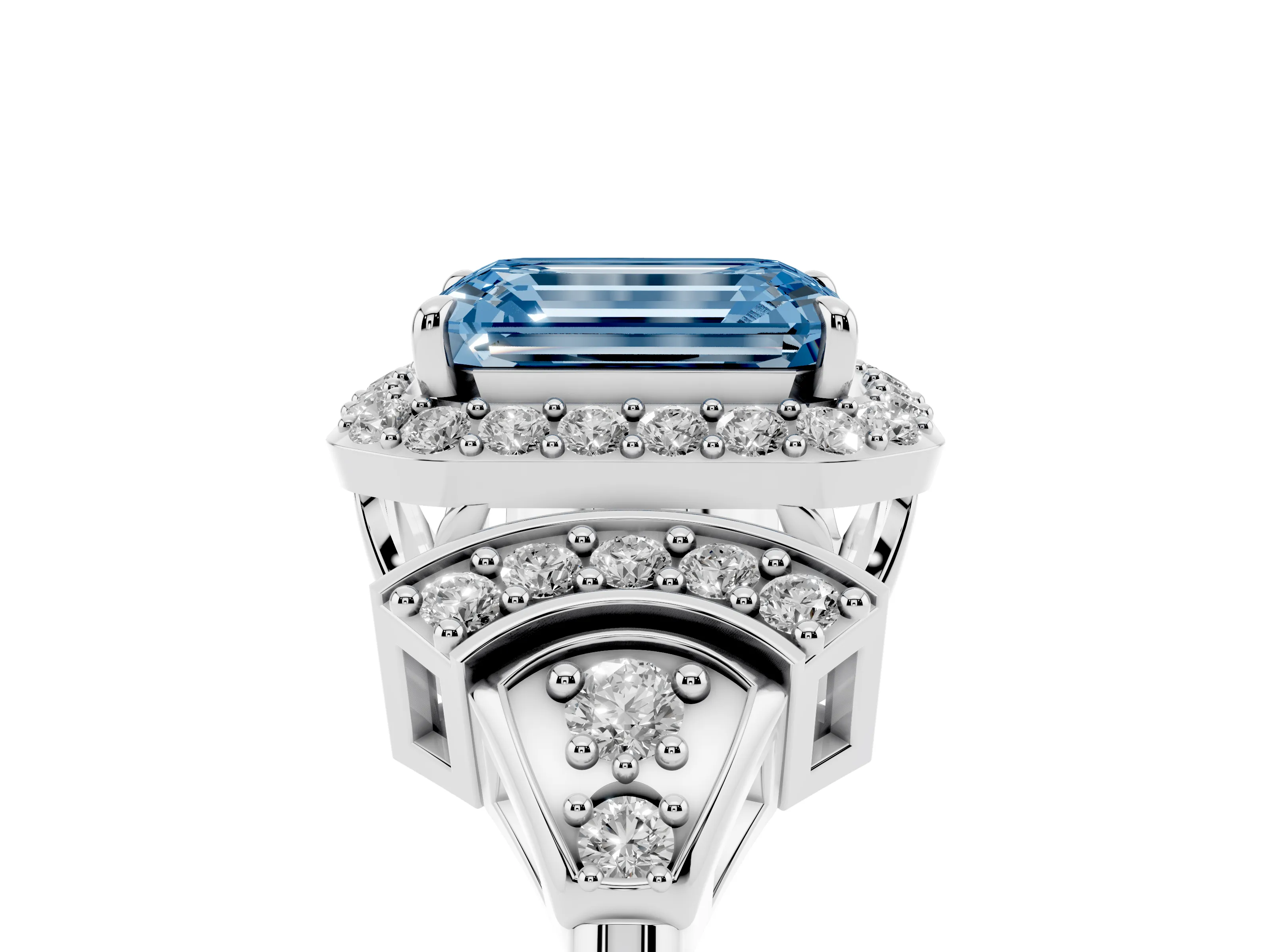 Fancy Blue Emerald Cut Diamond Halo Engagement Ring Set in Silver with Accent Stone Split Shank