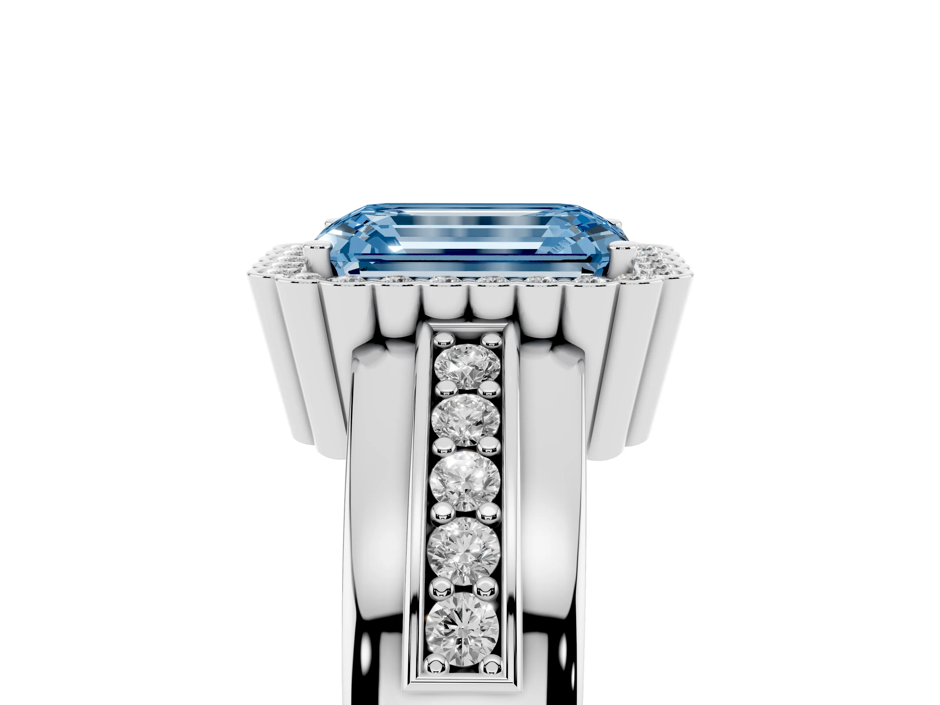 Fancy Blue Emerald Cut Diamond Halo Prong Ring Set in White gold with Pavé Band