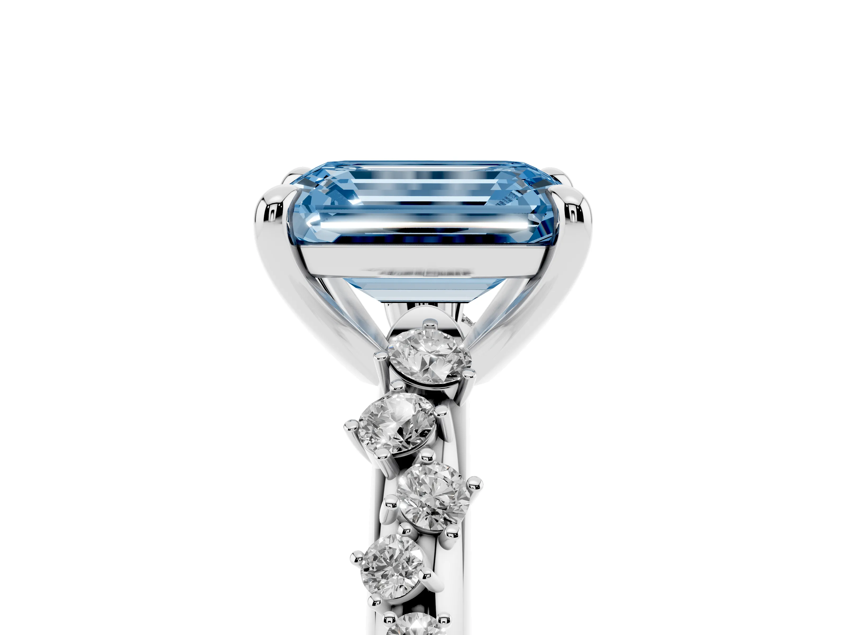 Fancy Blue Emerald Cut Diamond Solitaire Vine Band Ring Set in Platinum with Round Accents and Prong Setting