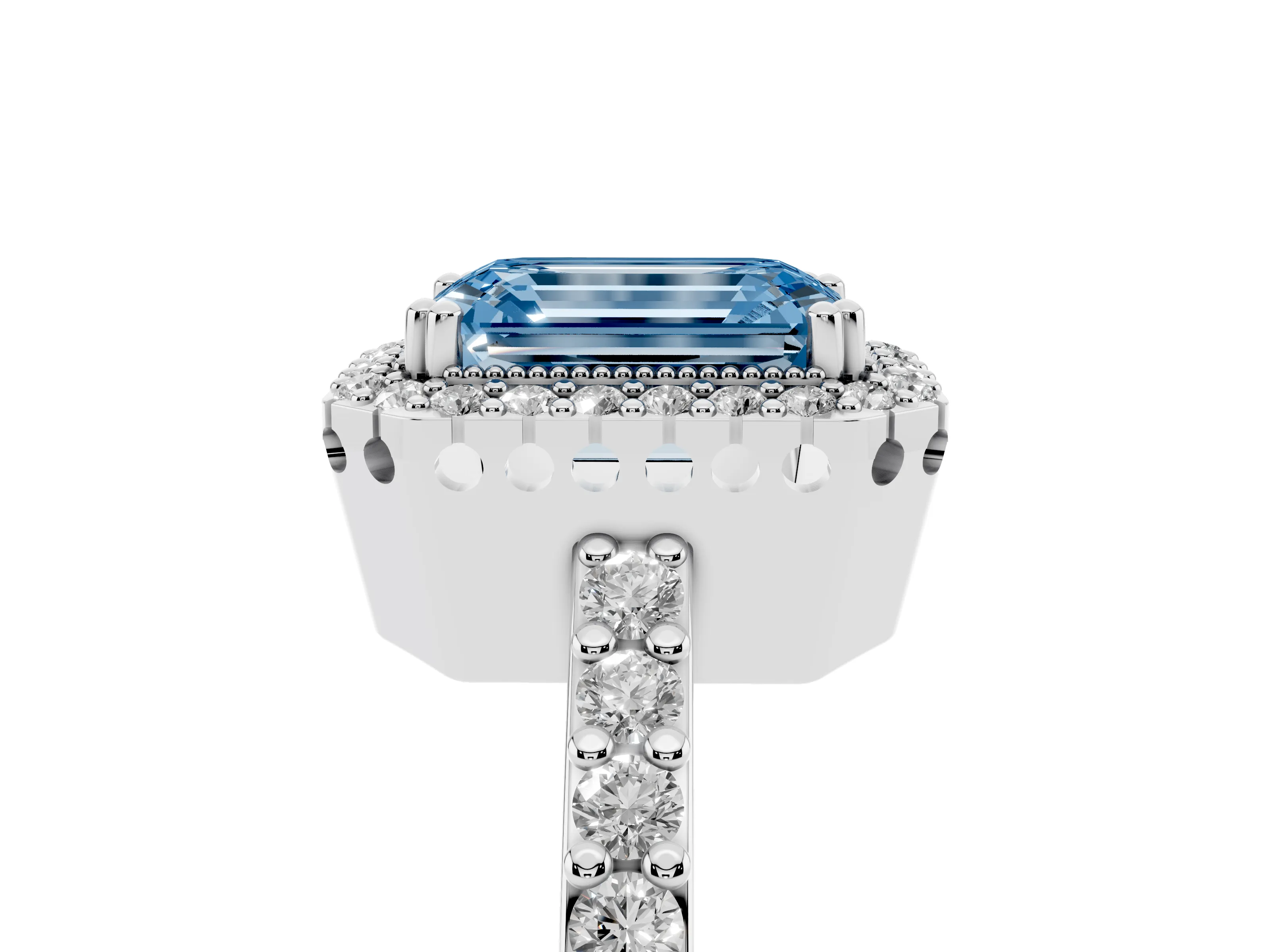 Fancy Blue Emerald Cut Diamond Halo Engagement Ring Set in White gold with Milgrain Detail and Pavé Band