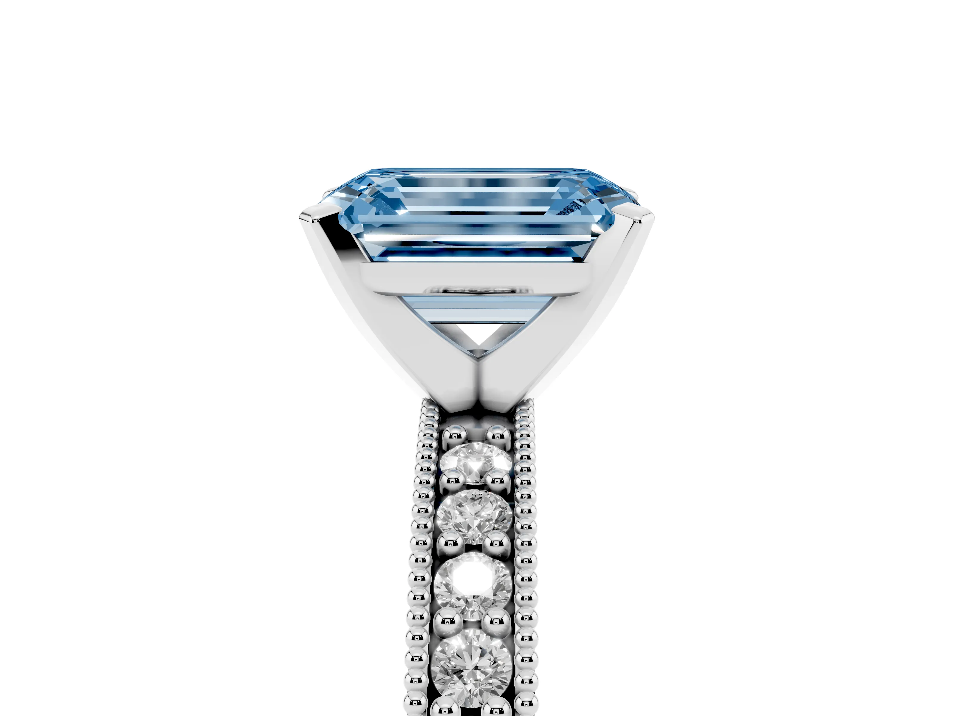 Fancy Blue Emerald Cut Diamond Milgrain Pavé Engagement Ring Set in Silver with Prong Setting