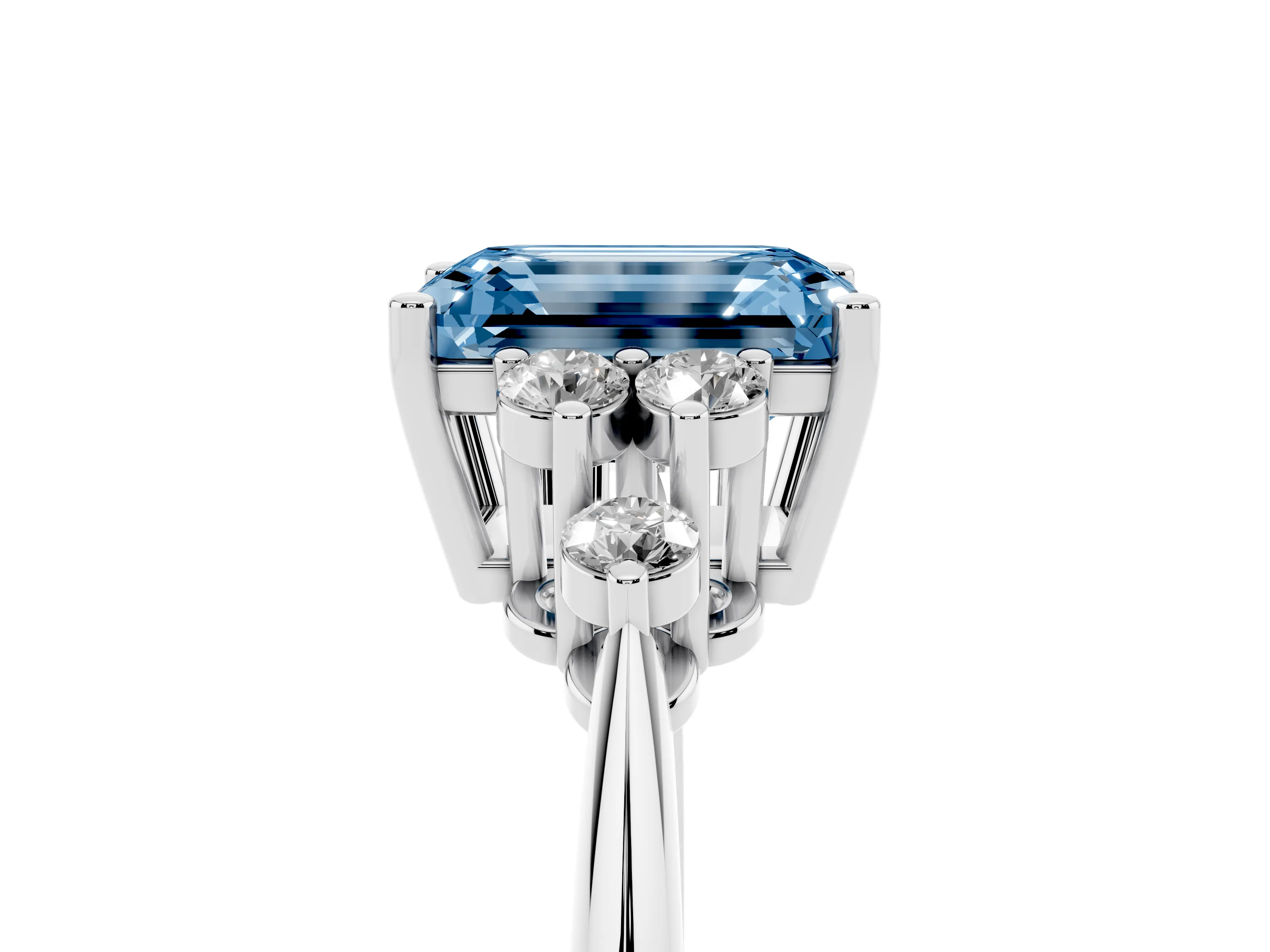 Fancy Blue Emerald Cut Diamond Cluster Ring Set in White gold with Plain Band and Prong Setting
