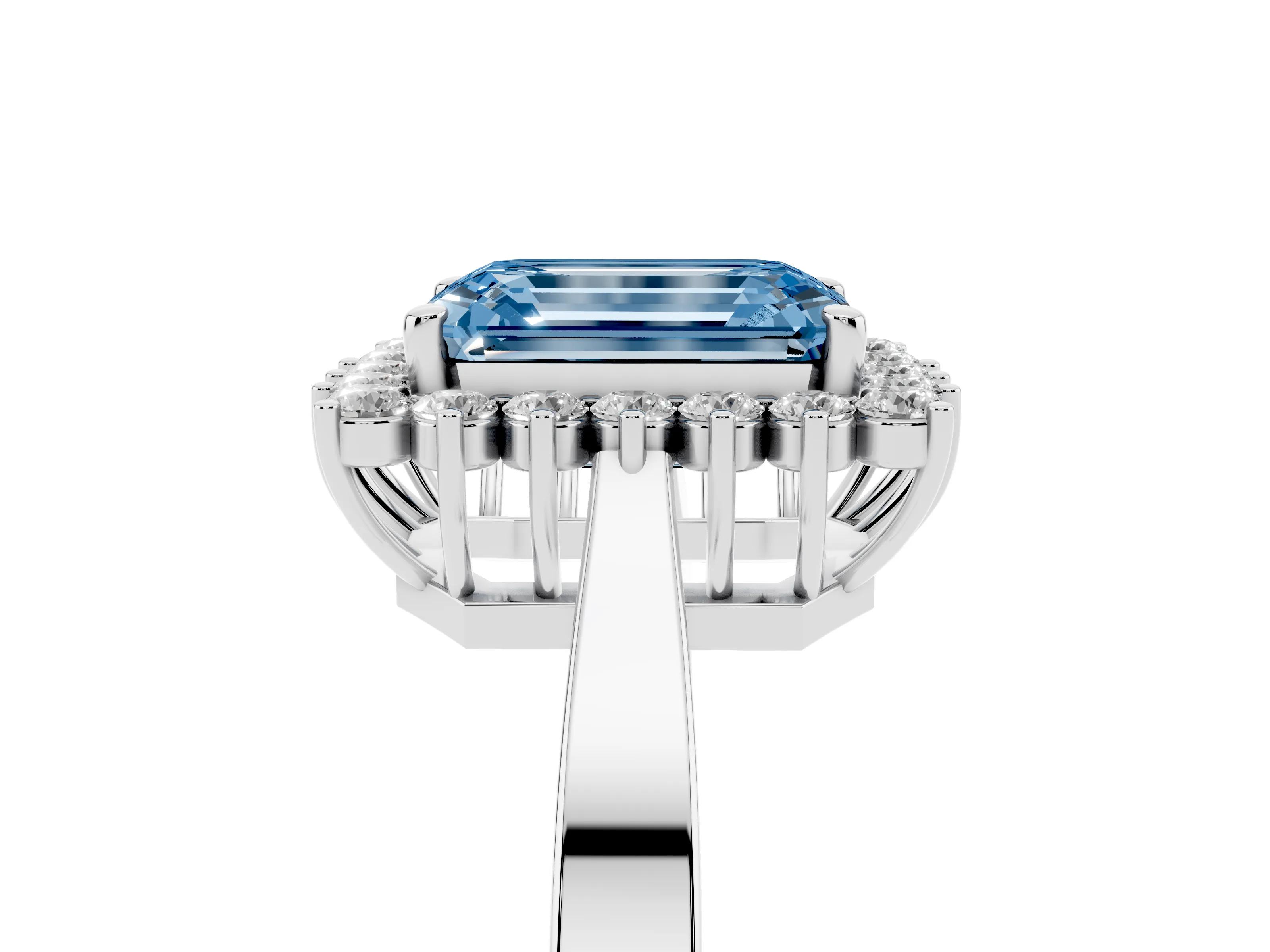 Fancy Blue Emerald Cut Diamond Halo Ring Set in Platinum with Round Halo and Smooth Solitaire Band