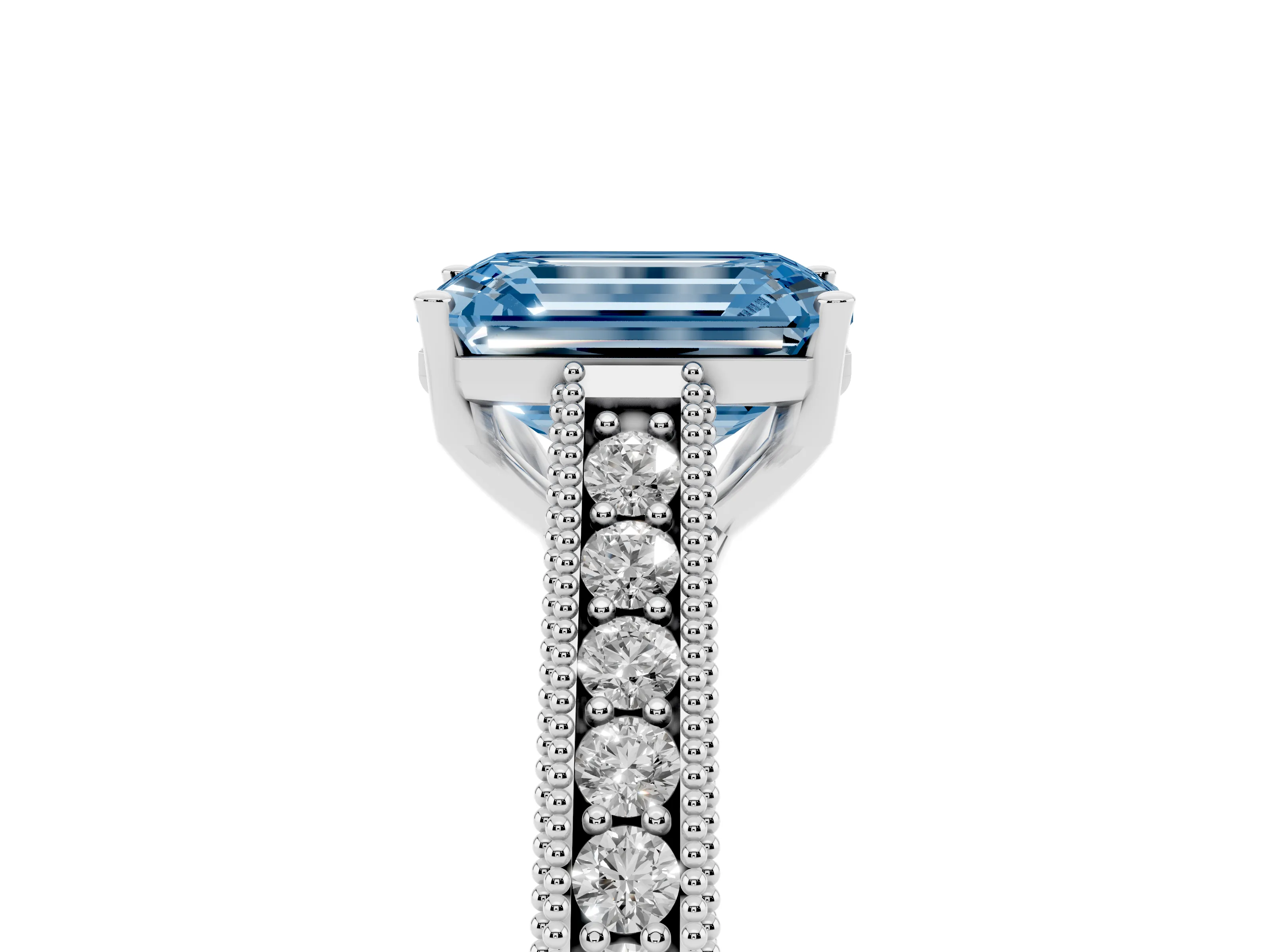 Fancy Blue Emerald Cut Diamond Milgrain Pavé Band Solitaire Ring Set in Platinum with Prong Setting