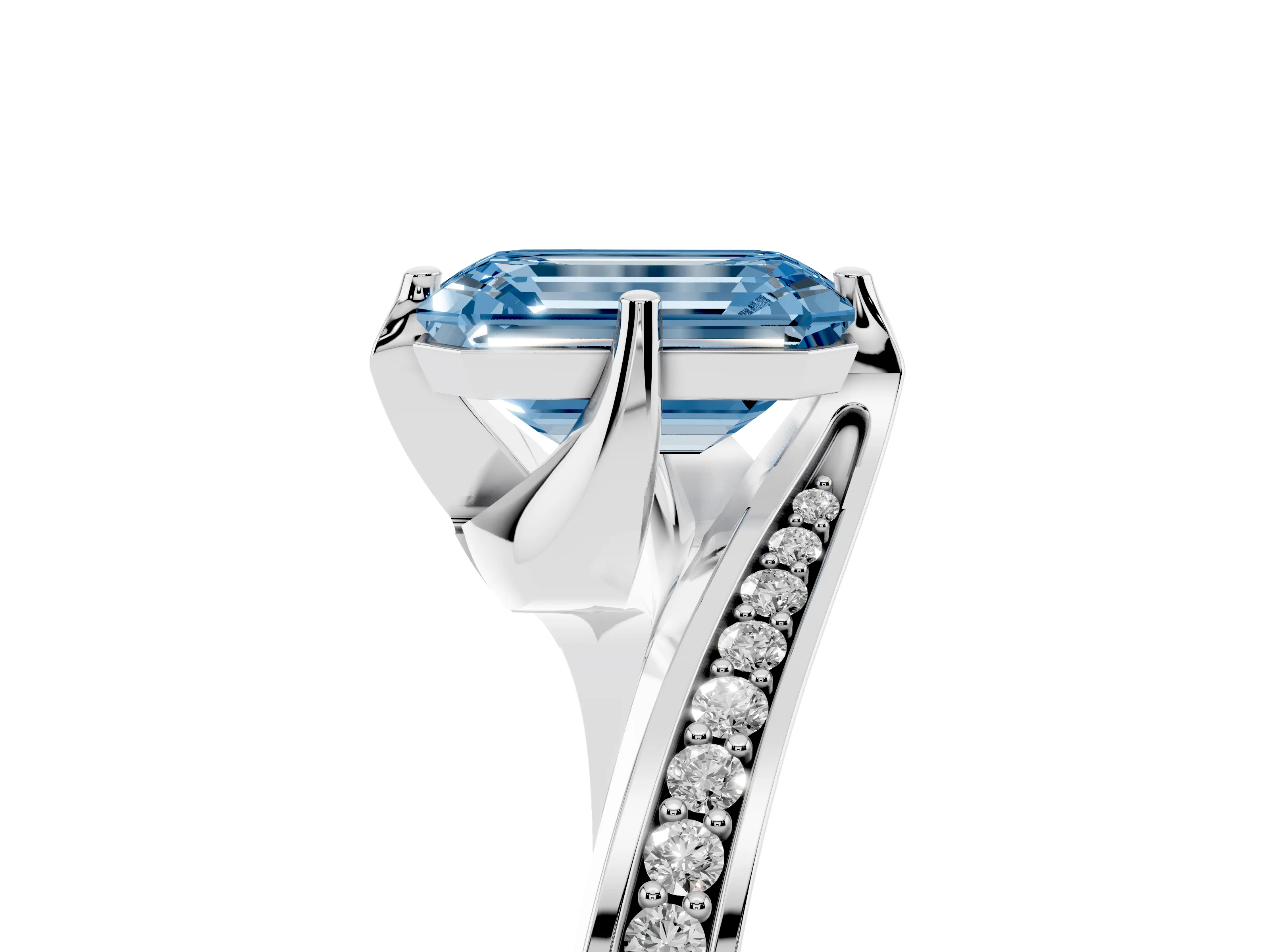 Fancy Blue Emerald Cut Diamond Solitaire Ring Set in Platinum with Intertwined Pavé Twist Band