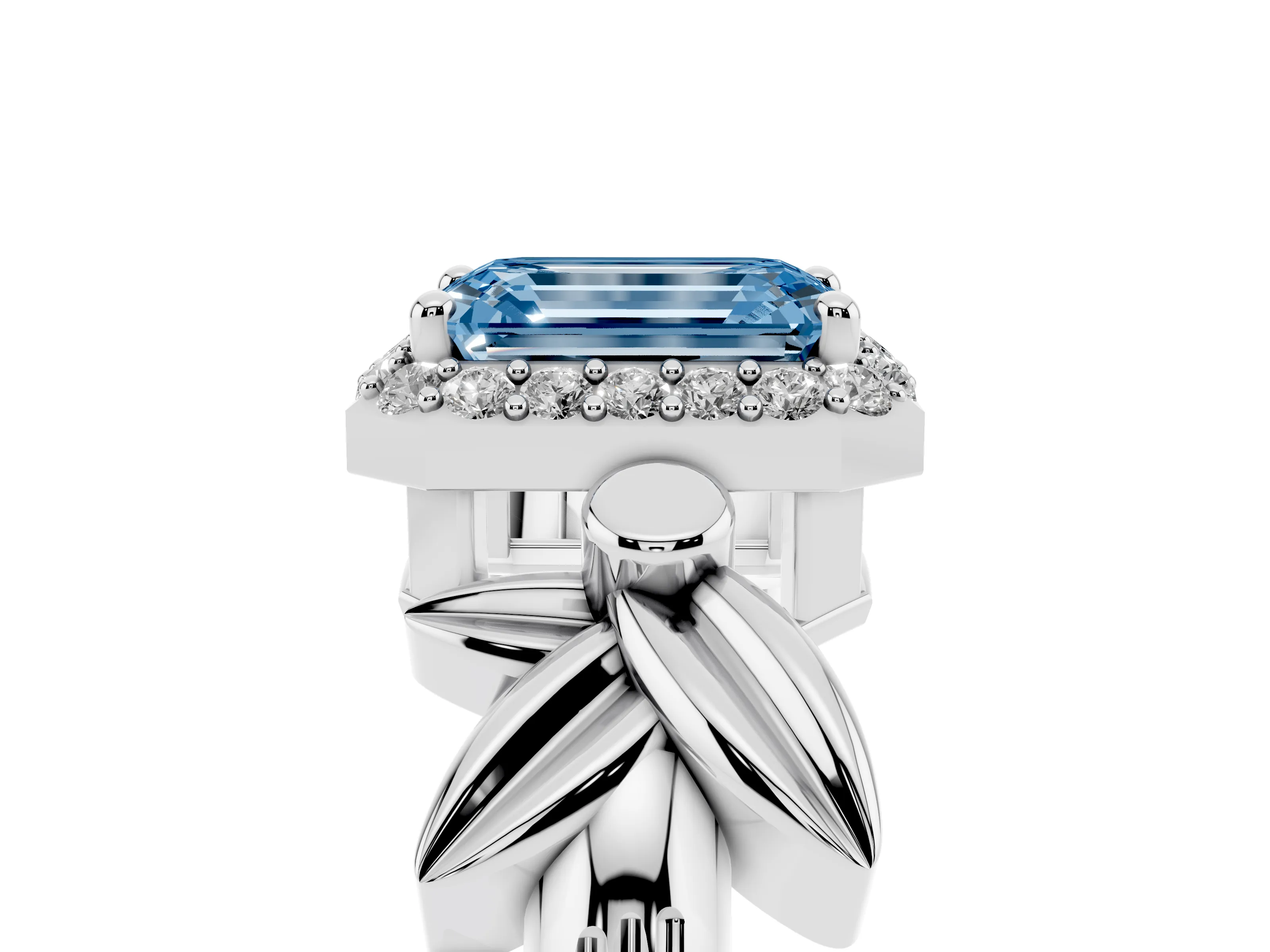 Fancy Blue Emerald Cut Diamond Halo Floral Band Ring Set in White gold with Prong Setting