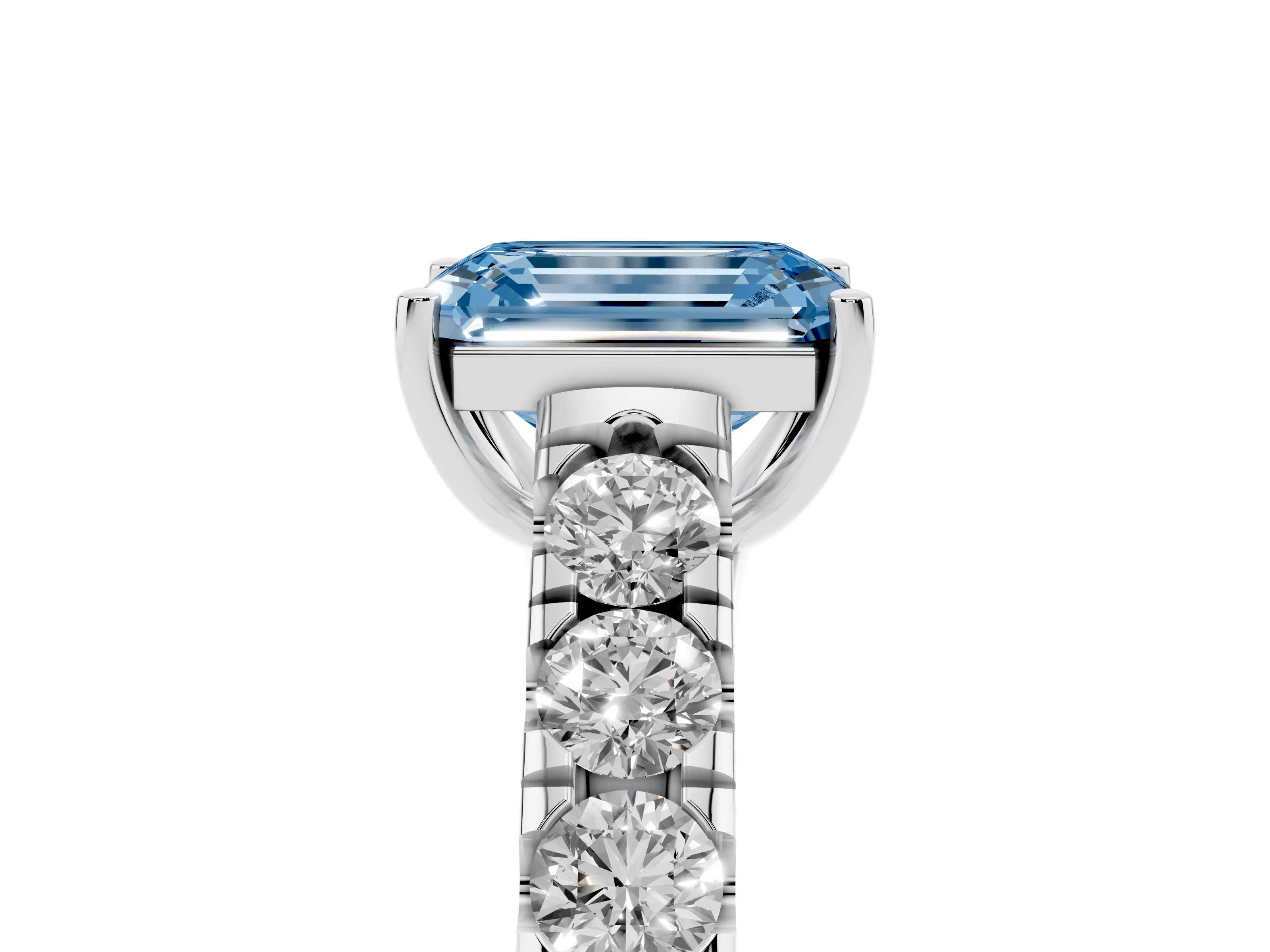 Fancy Blue Emerald Cut Diamond Solitaire Ring Set in Silver with Cut-Down Micro Pavé Band and Prong Setting