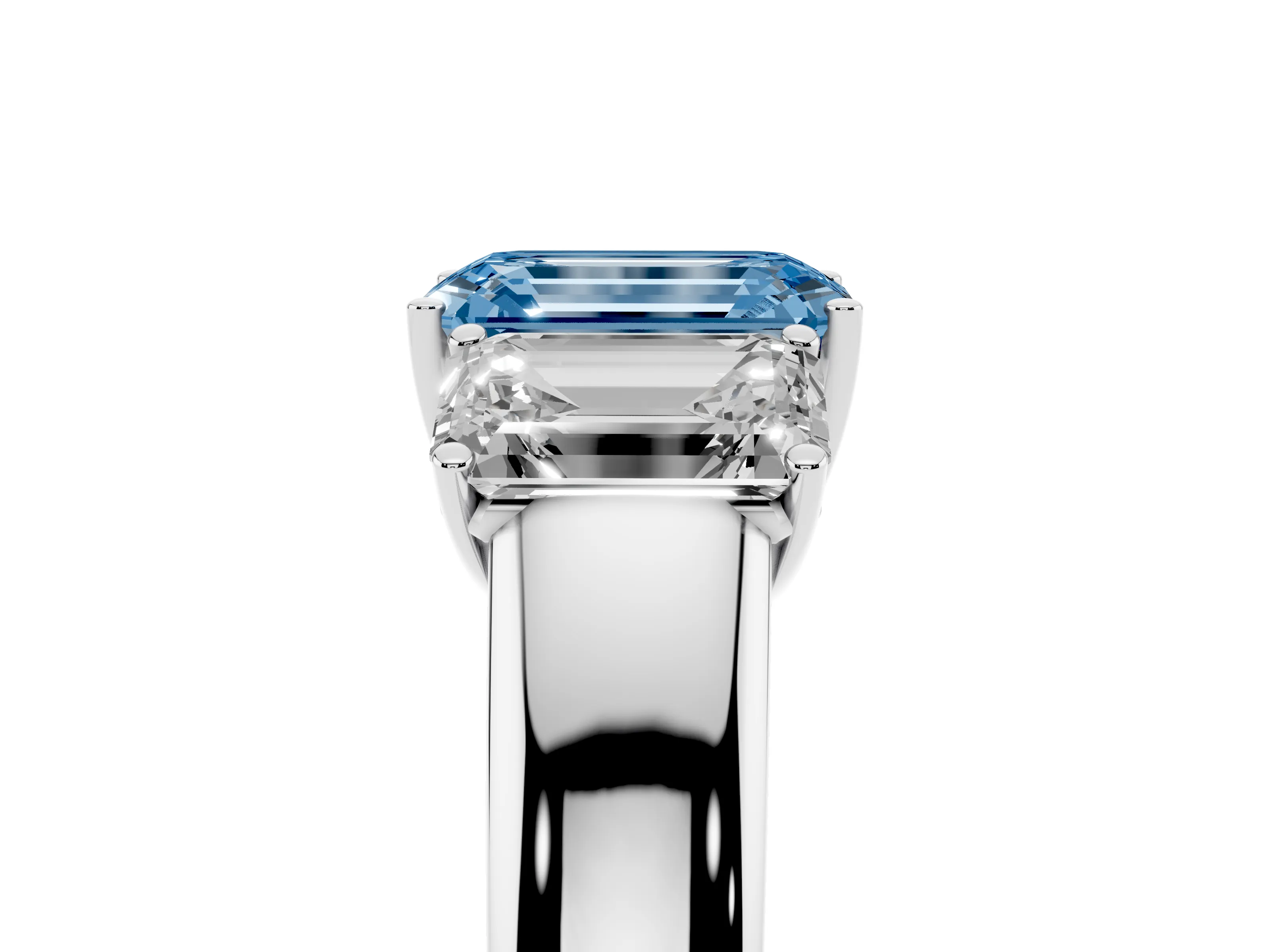 Fancy Blue Three-Stone Emerald Cut Diamond Ring Set in Platinum with Matching Prong Settings and Plain Band