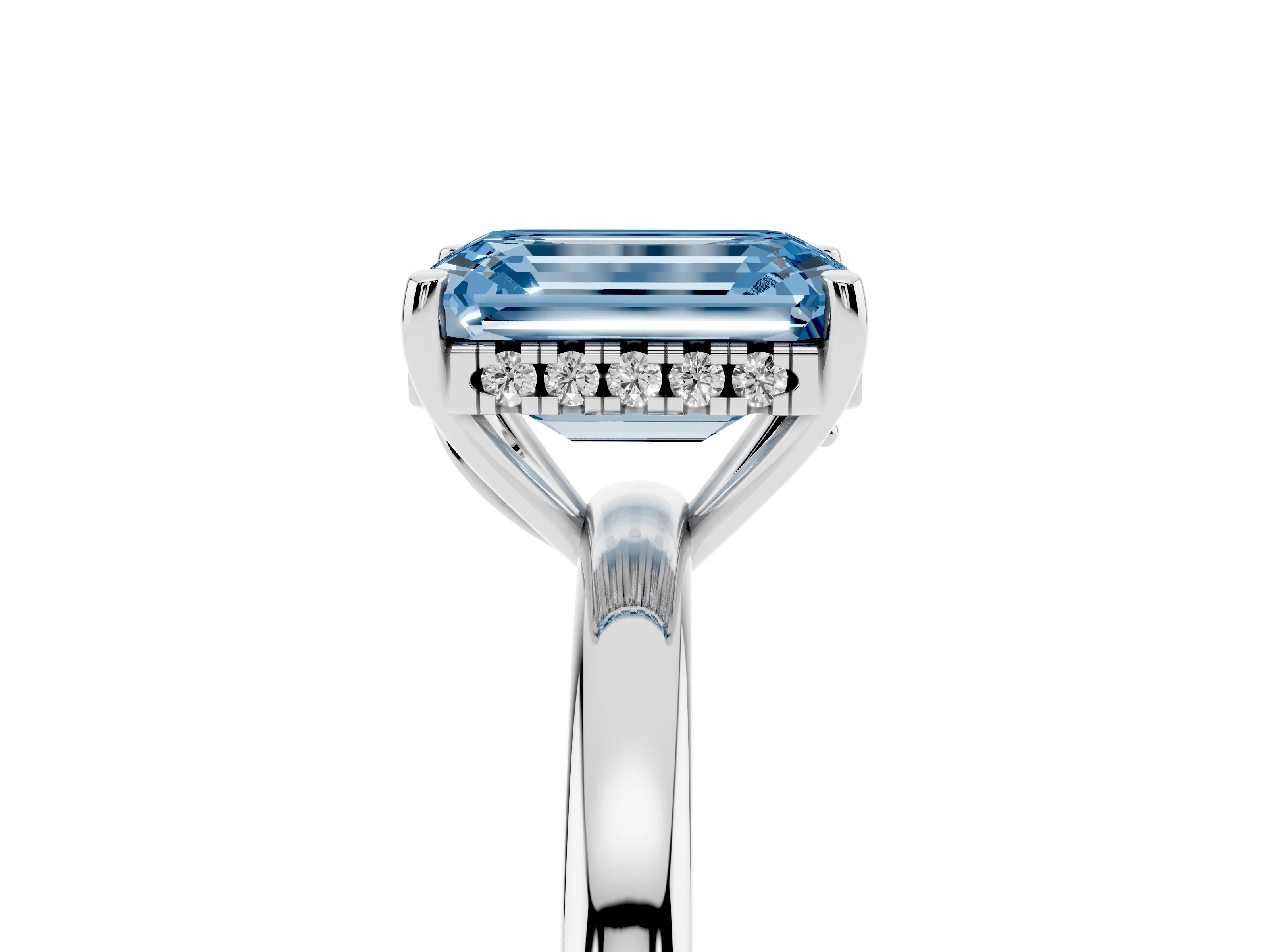 Fancy Blue Emerald Cut Diamond Solitaire Ring Set in Platinum with Plain Band and Prong Setting