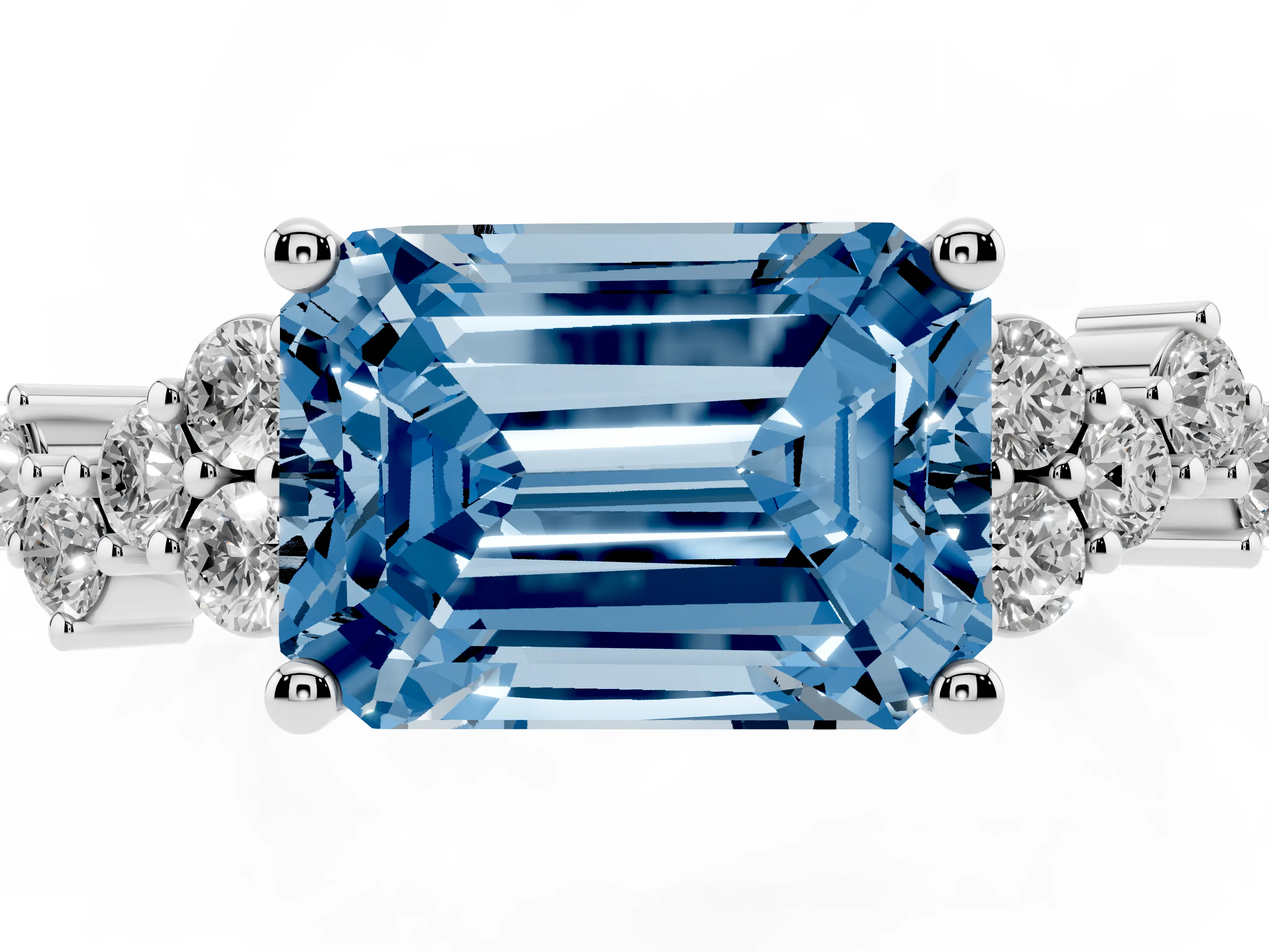 Fancy Blue Emerald Cut Diamond Ring Set in Silver with Scattered Round Accents