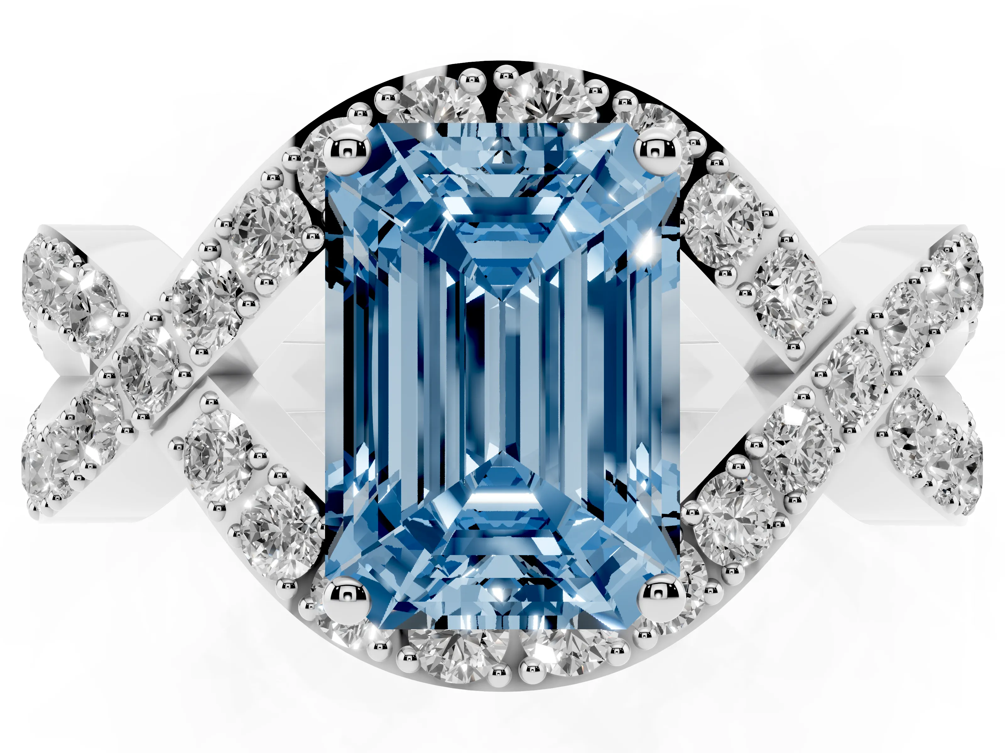 Fancy Blue Emerald Cut Diamond Solitaire Twist Band Pavé Engagement Ring Set in White gold