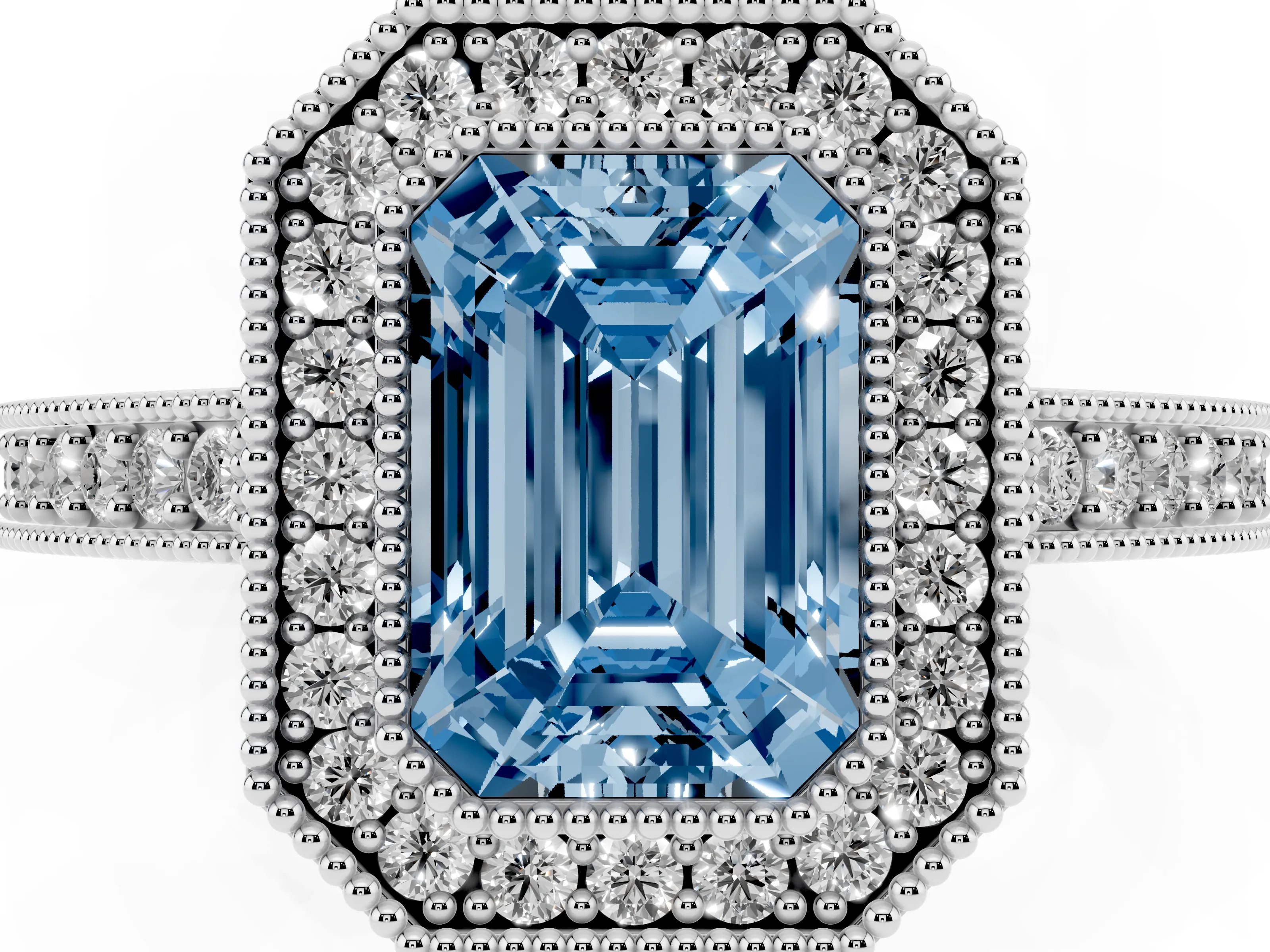 Fancy Blue Emerald Cut Diamond Halo Engagement Ring Set in White gold with Pavé Band and Round Halo Stones