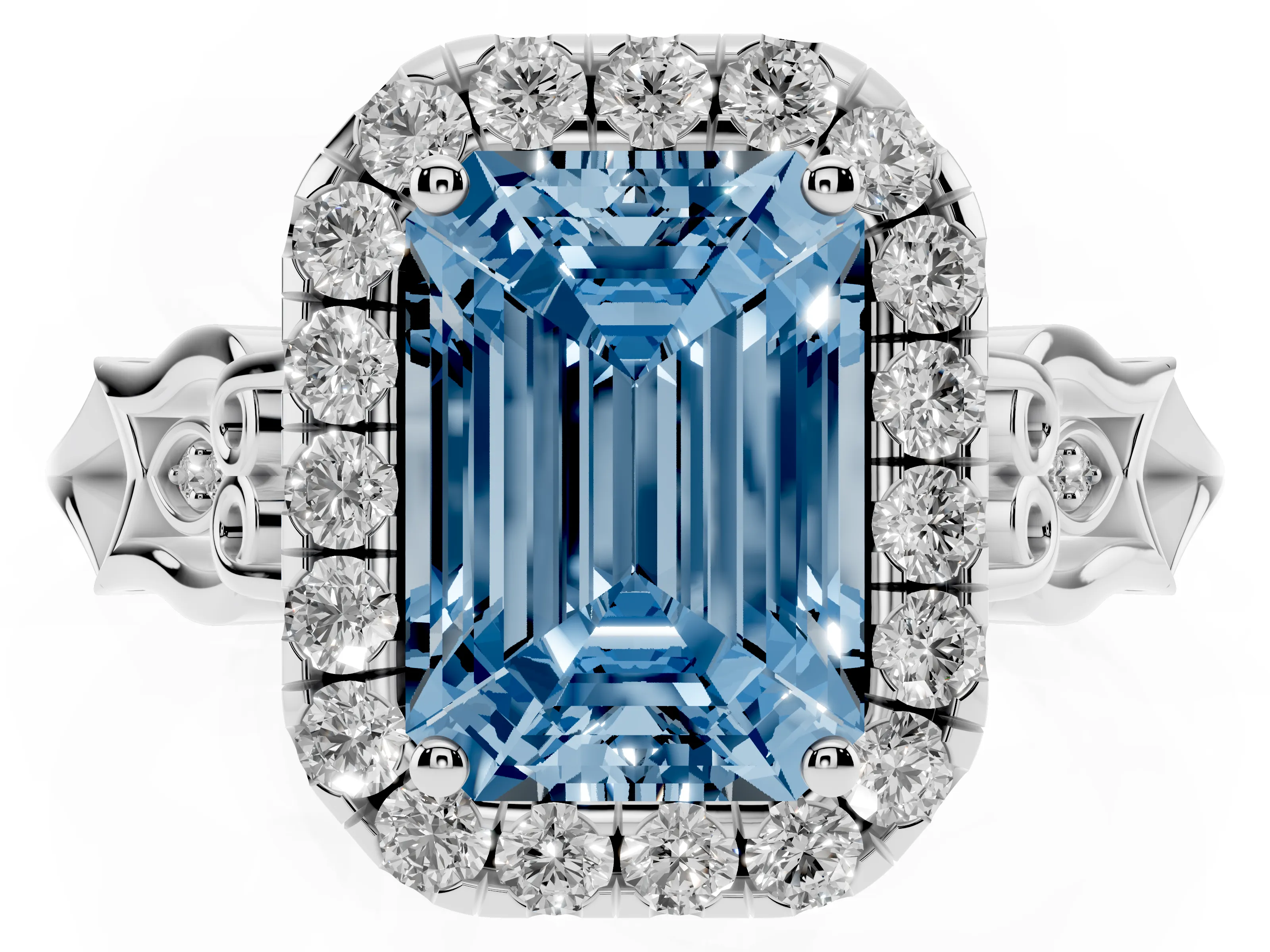 Fancy Blue Emerald Cut Diamond Halo Engagement Ring Set in Platinum with Filigree Band and Prong-Set Center