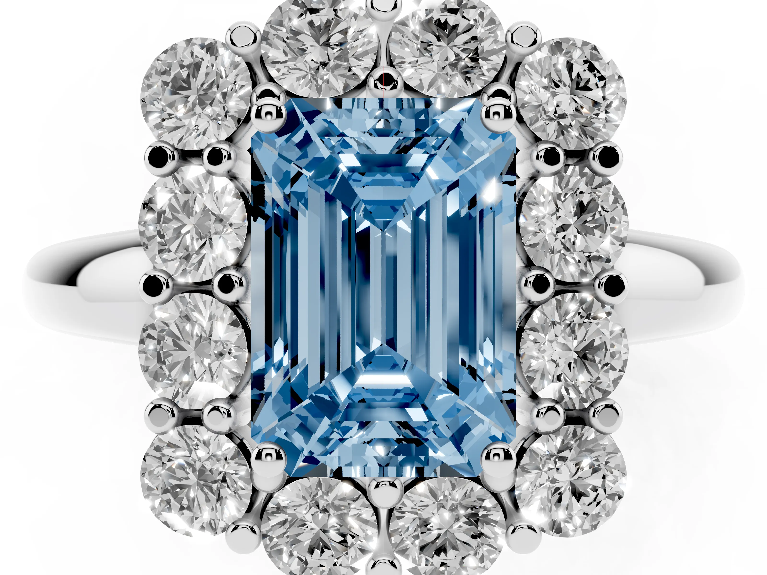 Fancy Blue Emerald Cut Diamond Halo Cluster Engagement Ring Set in White gold with Polished Band and Prong Setting