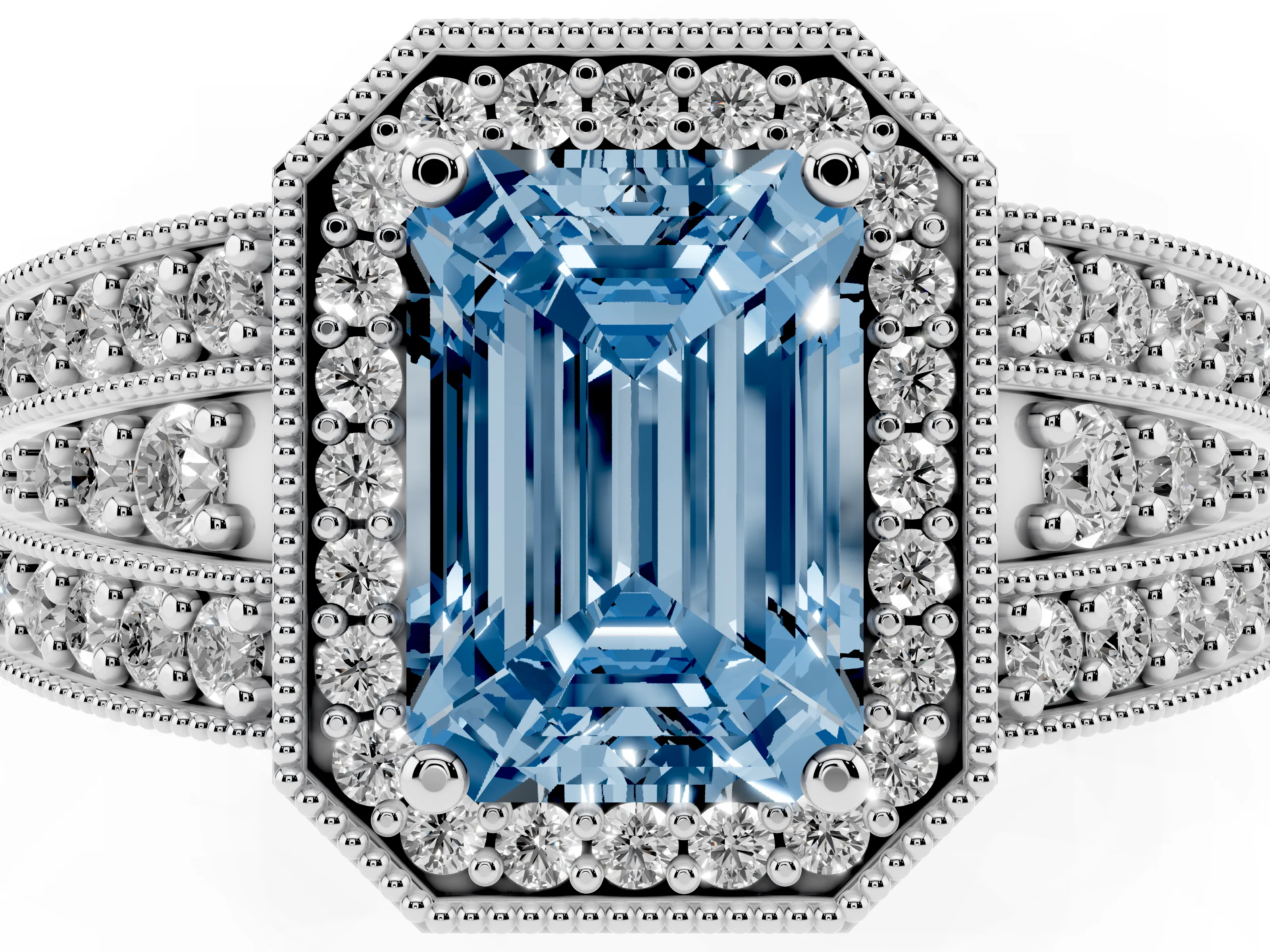 Fancy Blue Emerald Cut Diamond Halo Ring Set in Silver with Accent Split Shank and Prong Setting