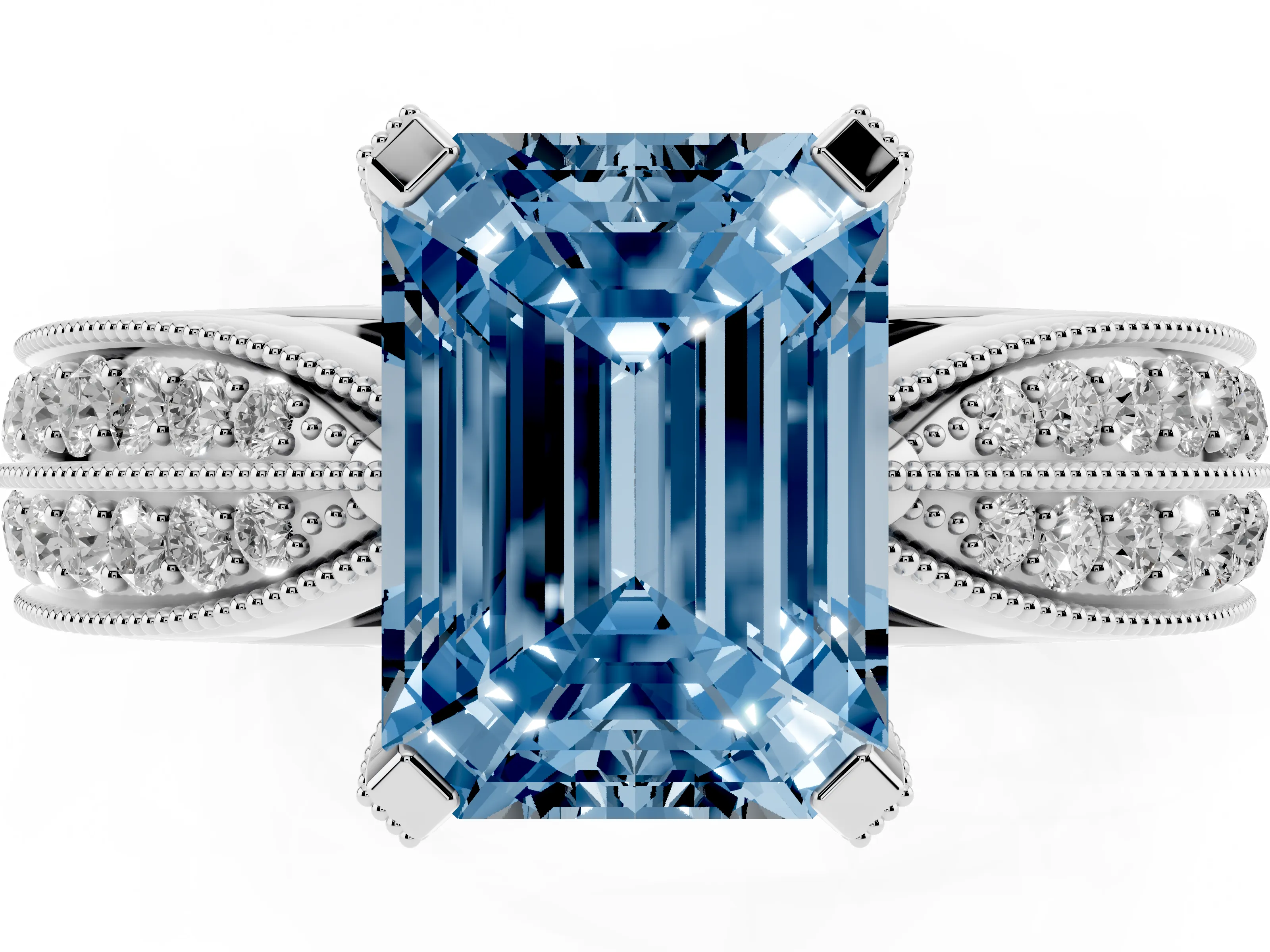Fancy Blue Emerald Cut Diamond Solitaire Ring Set in Silver with Milgrain Double Row Round Pavé Band