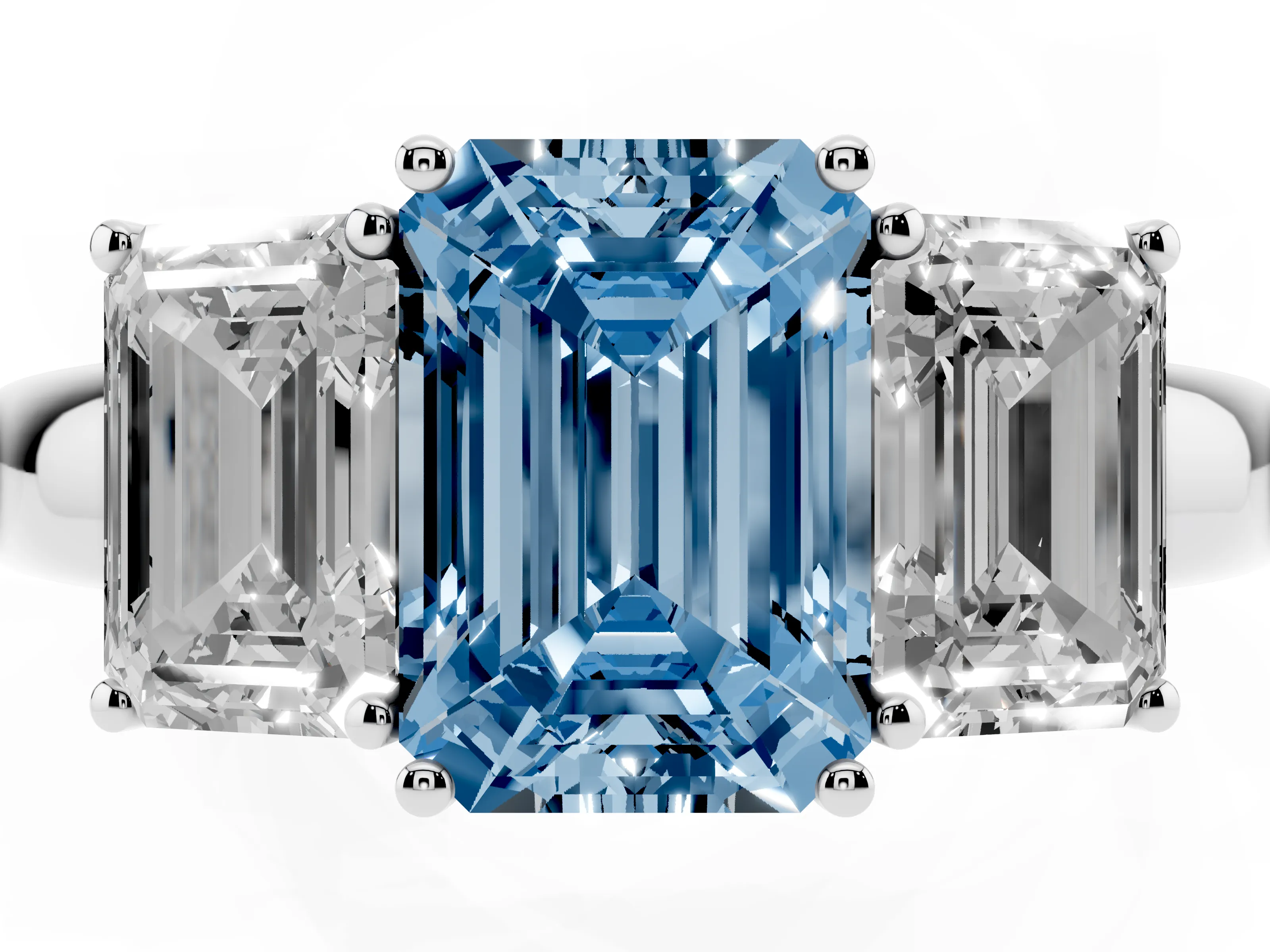 Fancy Blue Emerald Cut Diamond Three-Stone Ring Set in Silver with Bold Center and Classic Band