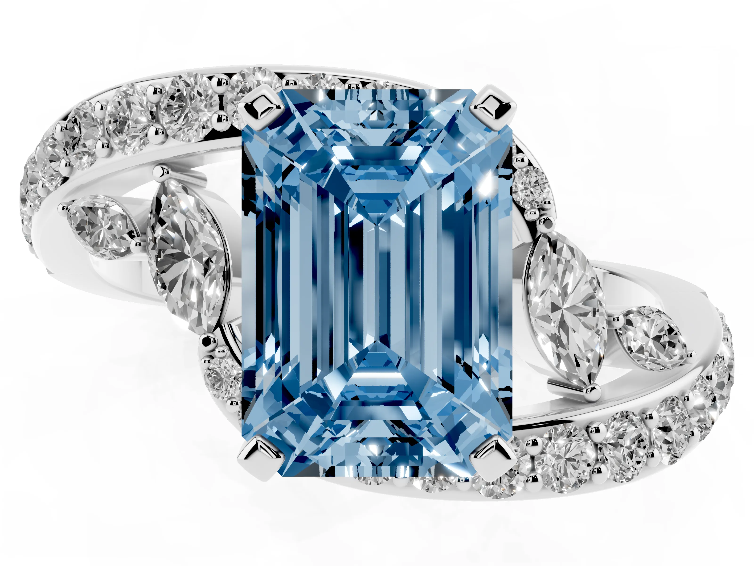 Fancy Blue Emerald Cut Diamond Solitaire Ring Set in Platinum with Pavé Twist Band and Secure Prong Setting