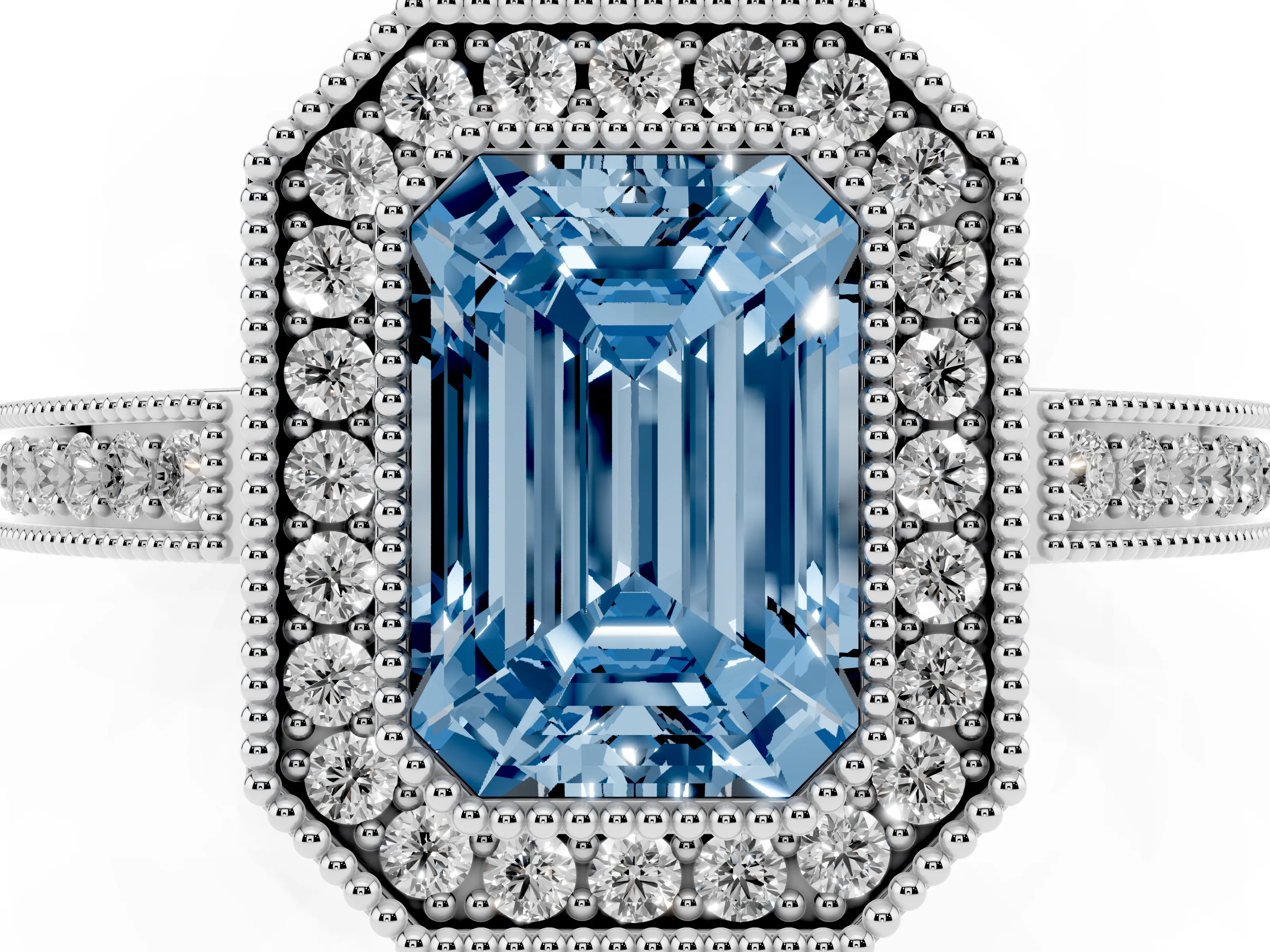 Fancy Blue Emerald Cut Diamond Halo Ring Set in White gold with Pavé Band and Milgrain-Edged Prongs