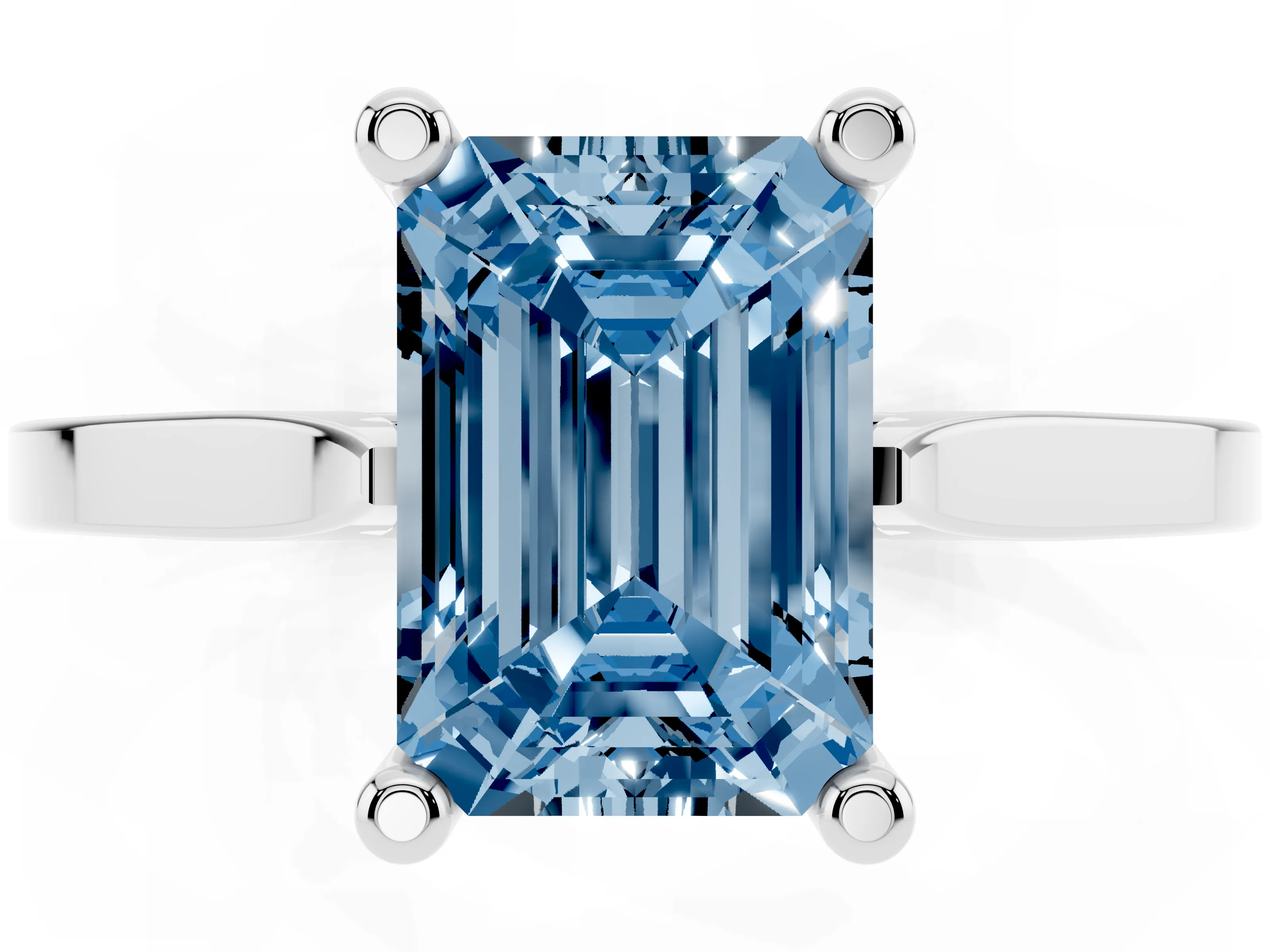 Fancy Blue Emerald Cut Diamond Solitaire Ring Set in White gold with Prong Setting and Tapered Band