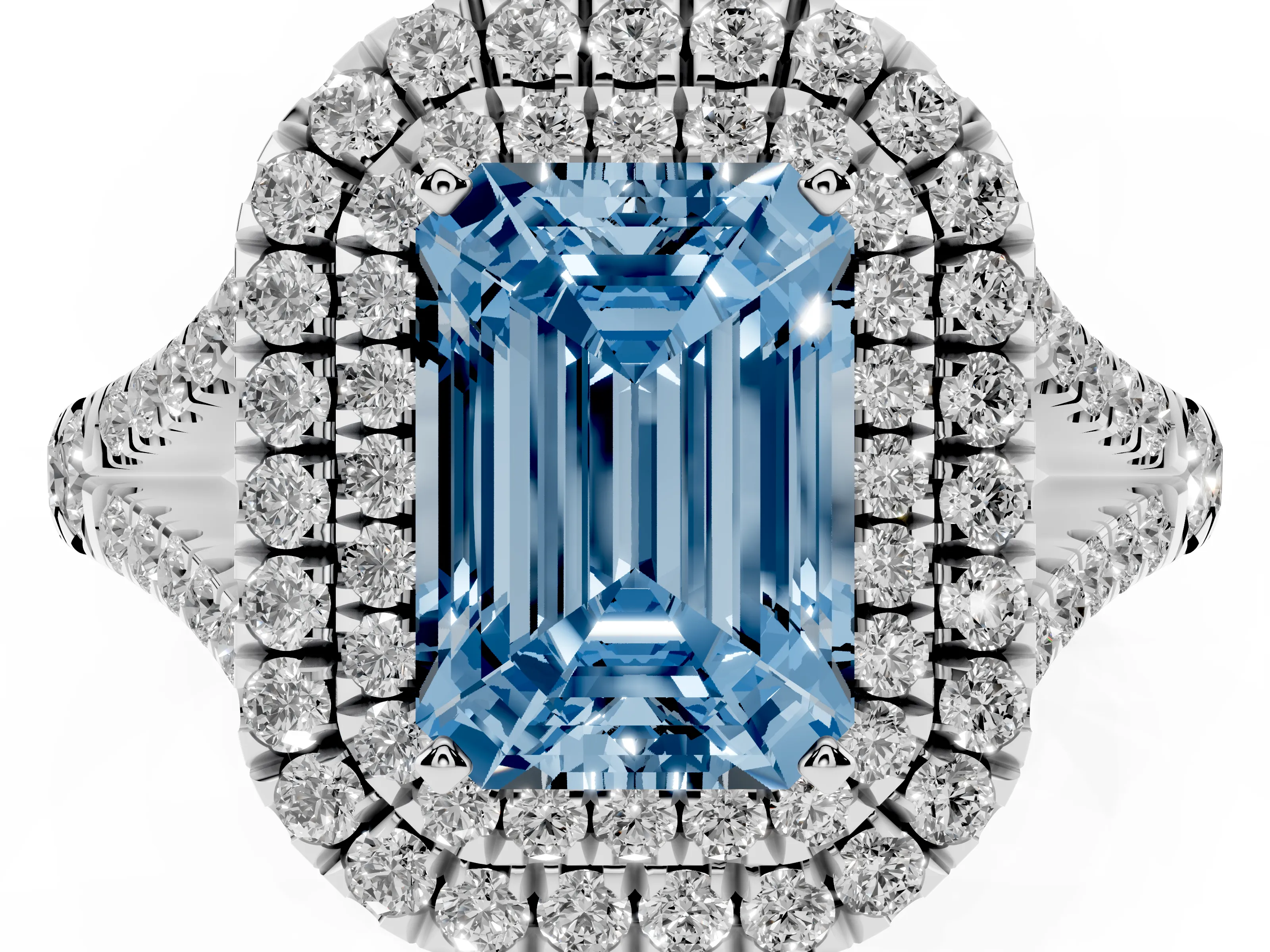 Fancy Blue Emerald Cut Diamond Pavé Split Shank Double Halo Engagement Ring Set in Platinum