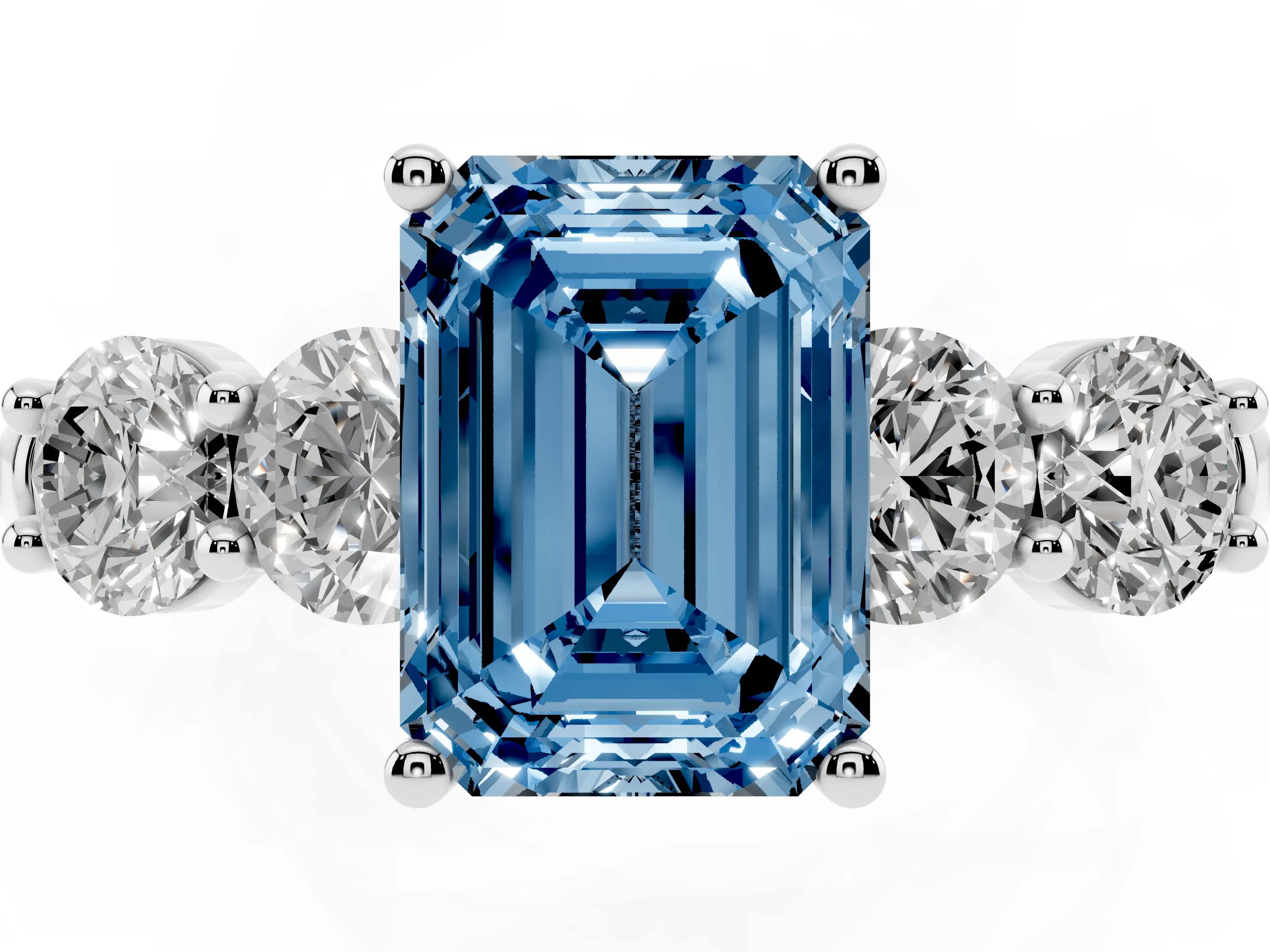 Fancy Blue Emerald Cut Diamond Five-Stone Prong Set Ring Set in Silver with Classic Band
