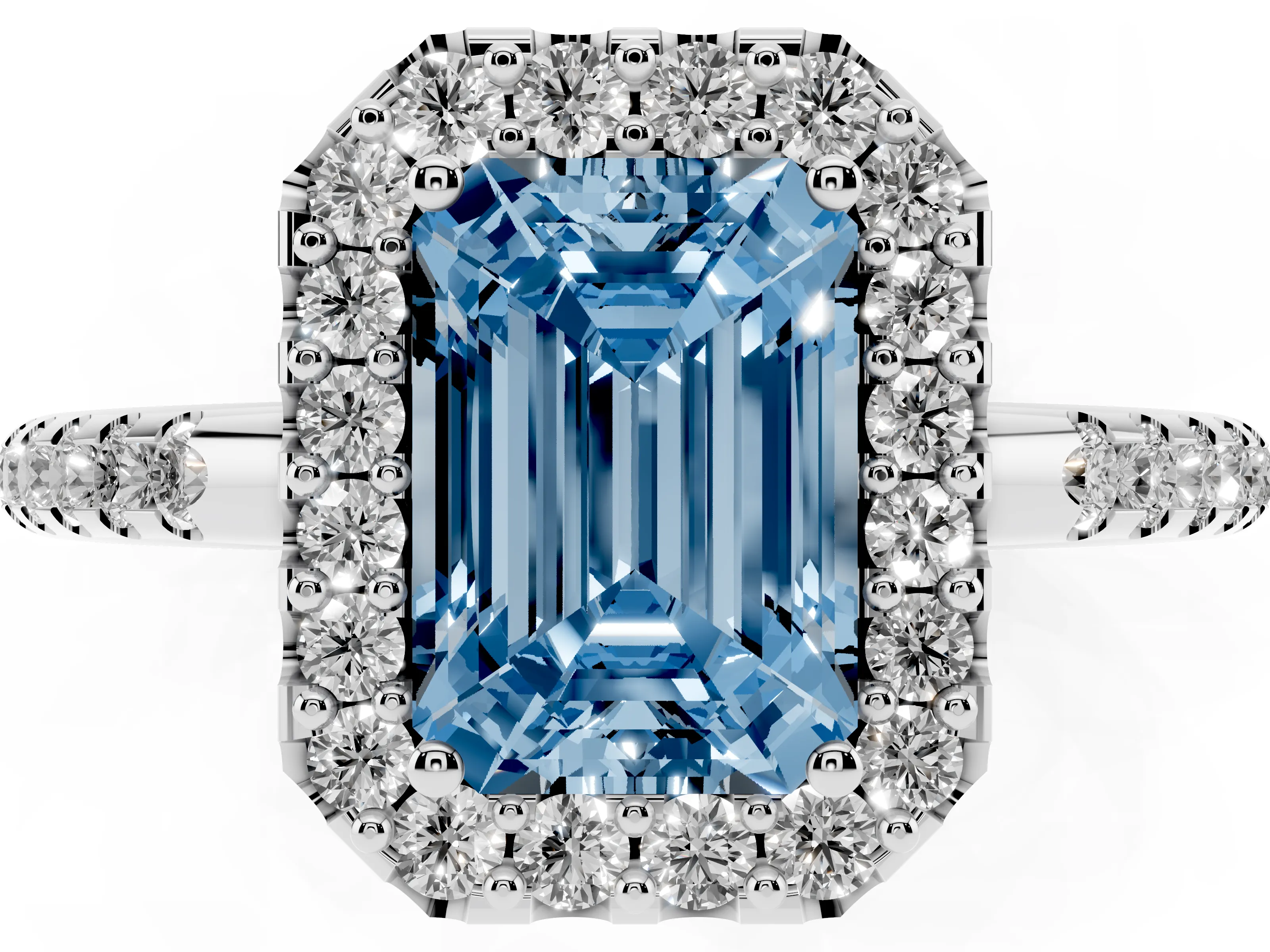 Fancy Blue Emerald Cut Diamond Pavé Halo Ring Set in Platinum with Prong Setting